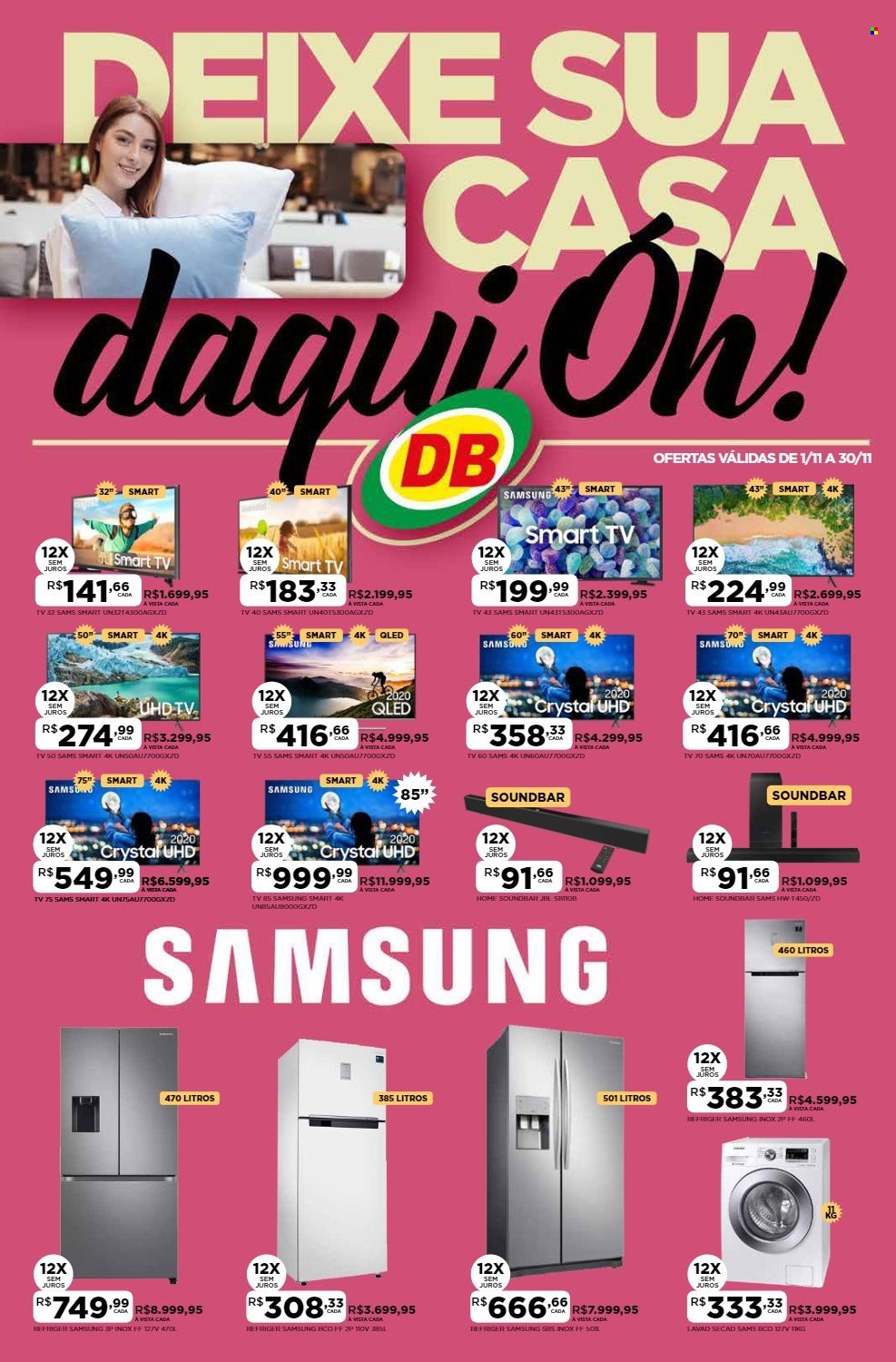 thumbnail - Folheto DB Supermercados - 01/11/2021 - 30/11/2021 - Produtos em promoção - Samsung, Smart TV, televisor (TV), QLED TV, soundbar. Página 1.