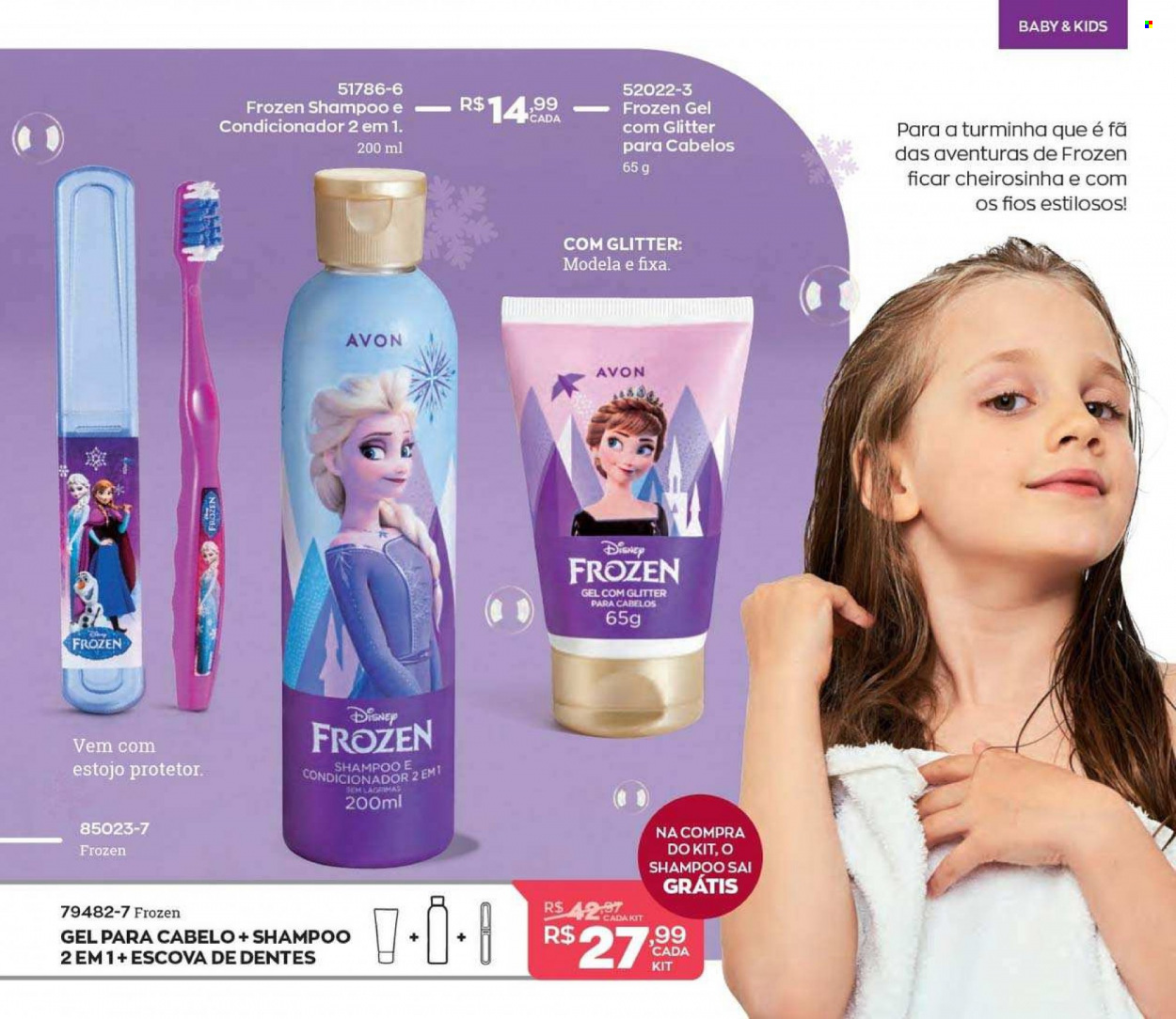 thumbnail - Folheto Avon - Produtos em promoção - Frozen, Disney, shampoo, Avon, escova, escova dental, shampoo e condicionador, estojo. Página 91.