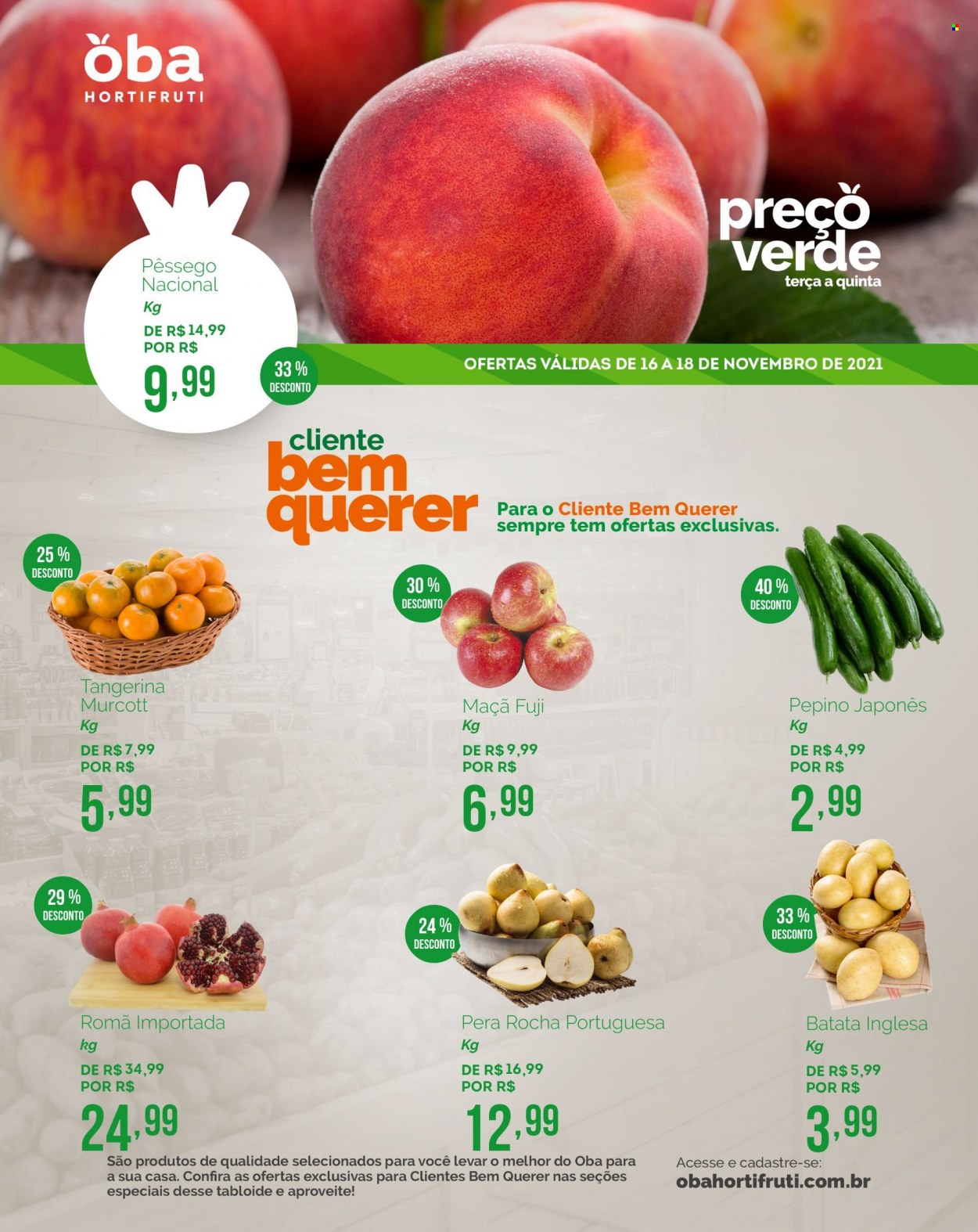 thumbnail - Folheto Oba Hortifruti - 16/11/2021 - 18/11/2021 - Produtos em promoção - maçã, pera, pêssego, batata, pepino. Página 1.
