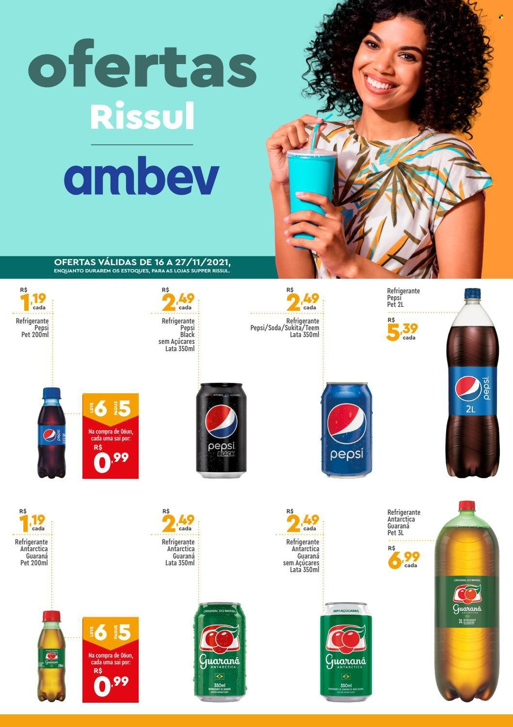 thumbnail - Folheto Supper Rissul - 16/11/2021 - 27/11/2021 - Produtos em promoção - Antárctica, Sukita, Guaraná Antarctica, Pepsi, refrigerante, soda, Guaraná. Página 1.
