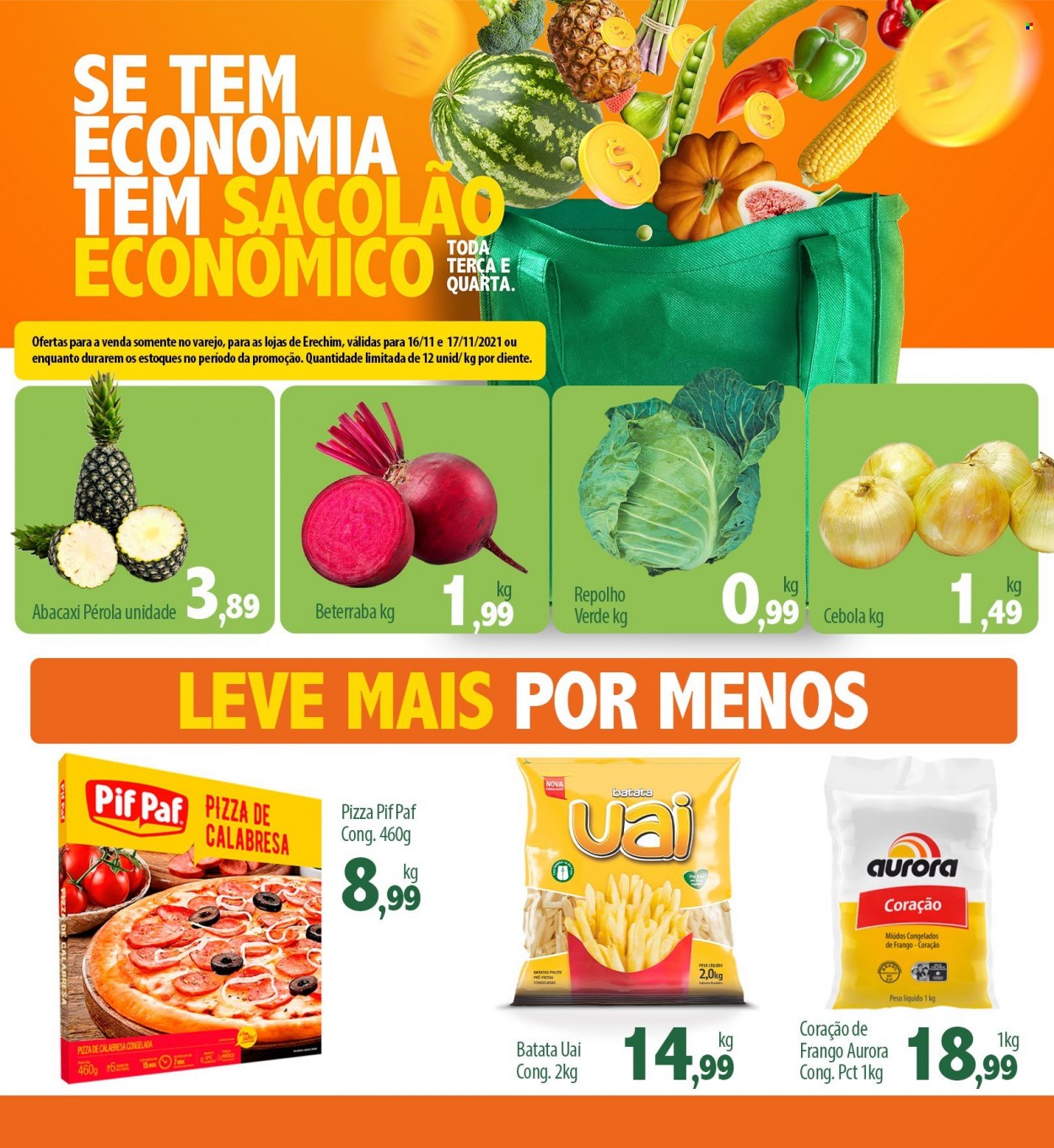 thumbnail - Folheto Econômico Atacadão - 16/11/2021 - 17/11/2021 - Produtos em promoção - abacaxi, cebola, repolho, Aurora, pizza, Pif Paf, vinho. Página 1.