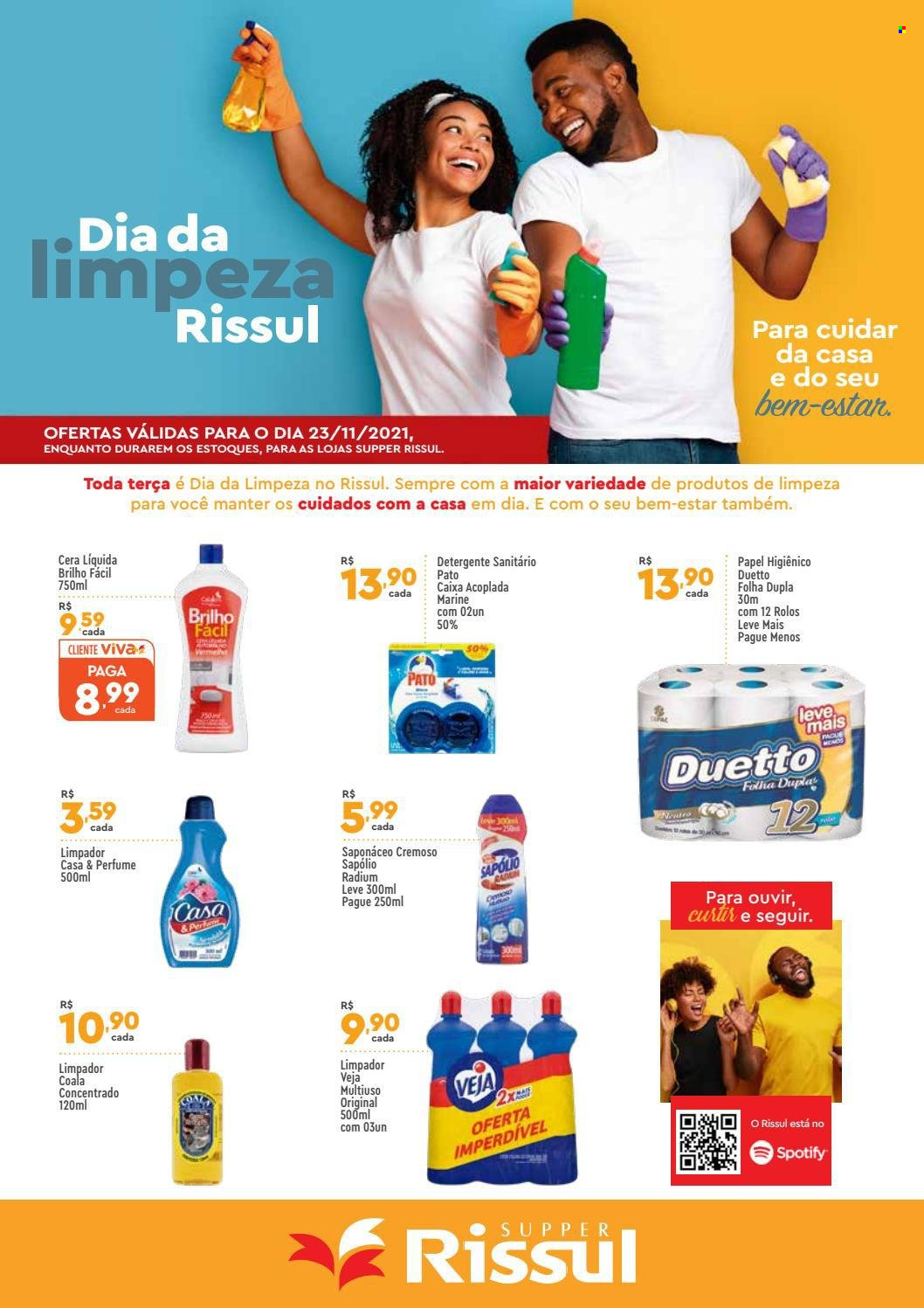 thumbnail - Folheto Supper Rissul - 23/11/2021 - 23/11/2021 - Produtos em promoção - pato, papel higiénico, limpador, detergente, Veja Multiúso, perfume. Página 1.