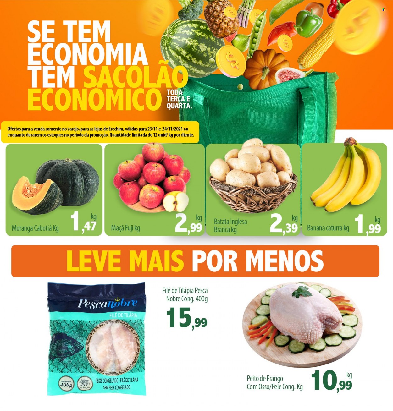 thumbnail - Folheto Econômico Atacadão - 23/11/2021 - 24/11/2021 - Produtos em promoção - banana, maçã, batata, cabotiá, peito de frango, peixe, tilapia. Página 1.