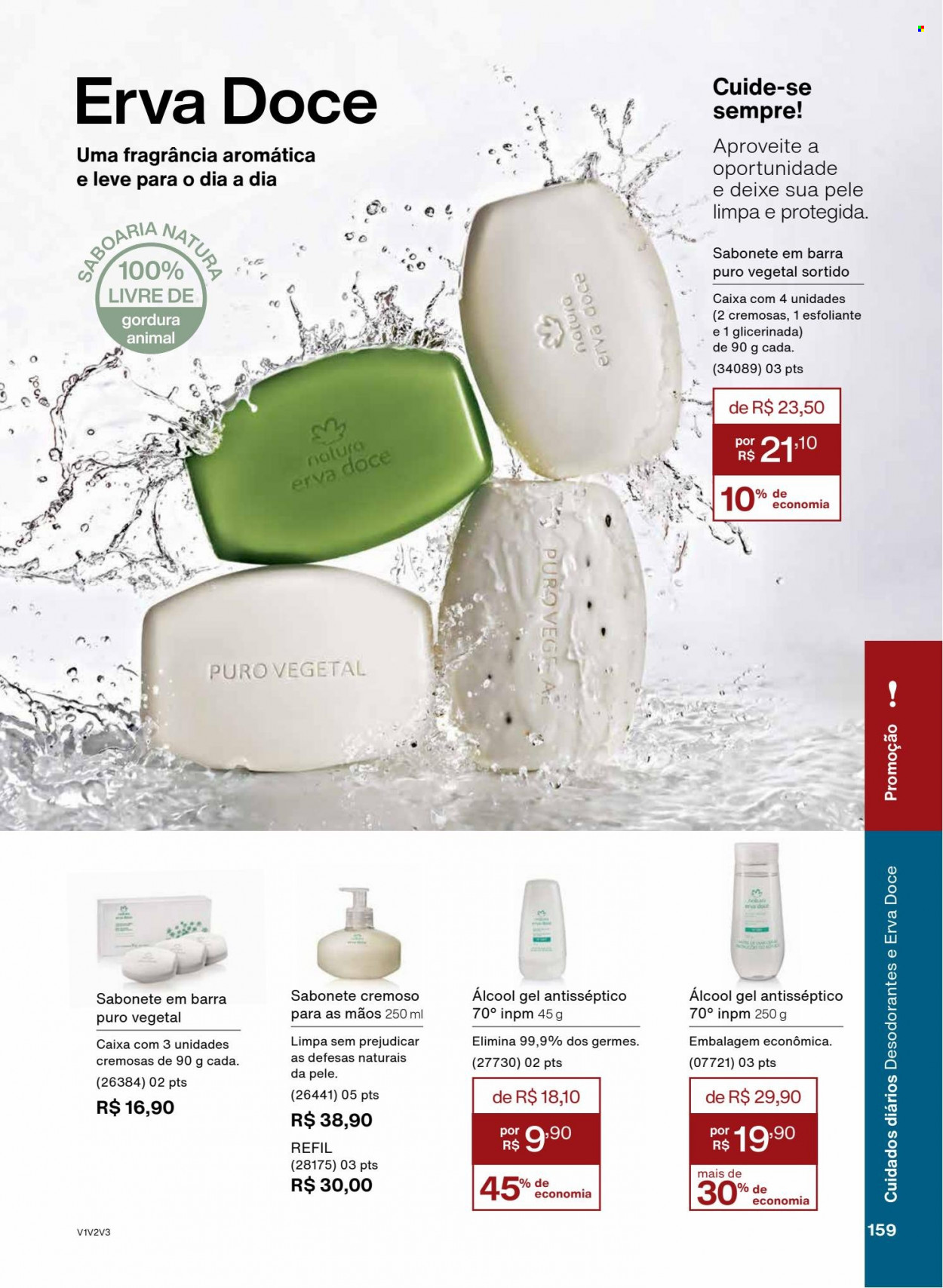 thumbnail - Folheto Natura - Produtos em promoção - sabonete, sabonete em barra, gel antisséptico. Página 159.