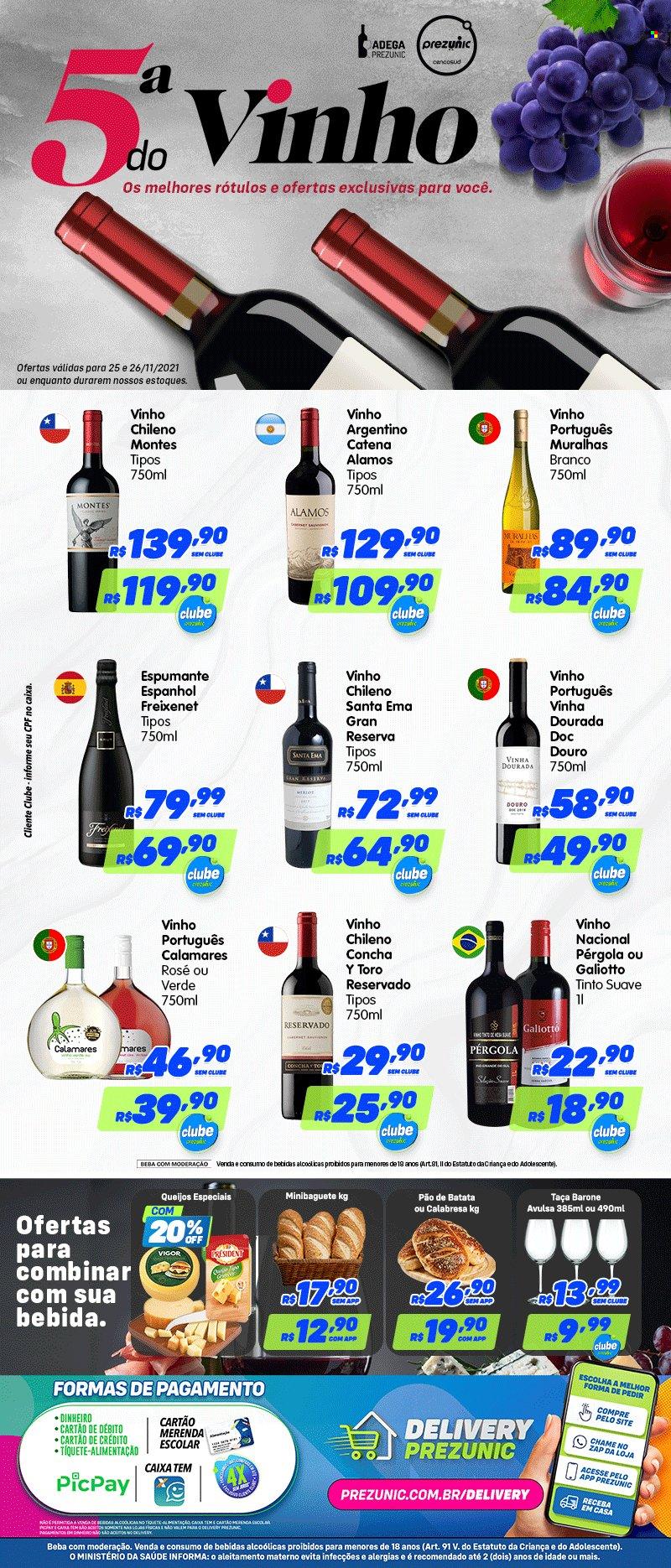 thumbnail - Folheto Prezunic - 25/11/2021 - 26/11/2021 - Produtos em promoção - Vigor, bebida, vinho, espumante, pérgola, vinho argentino, vinho chileno, vinho português, taça. Página 1.