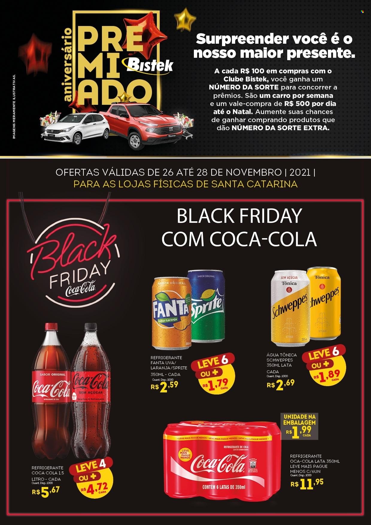 thumbnail - Folheto Bistek Supermercados - 26/11/2021 - 28/11/2021 - Produtos em promoção - uva, Coca Cola, Fanta, refrigerante, Schweppes, Sprite, água tónica. Página 1.