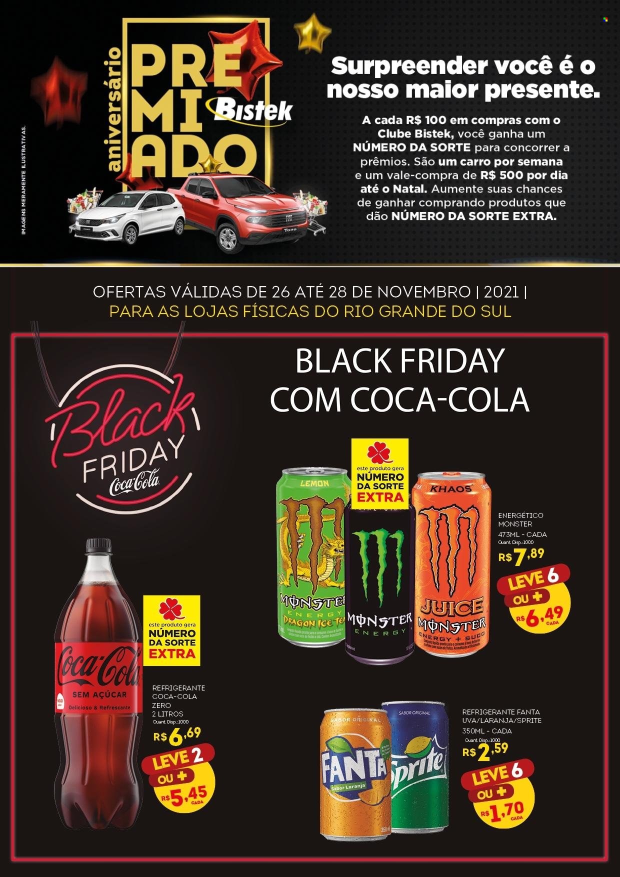 thumbnail - Folheto Bistek Supermercados - 26/11/2021 - 28/11/2021 - Produtos em promoção - uva, Coca Cola, Fanta, refrigerante, Sprite, bebida energética. Página 1.