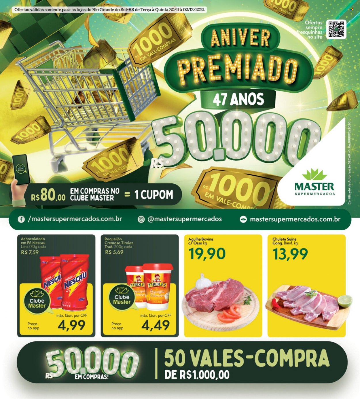 thumbnail - Folheto Master Supermercados - 30/11/2021 - 02/12/2021 - Produtos em promoção - requeijão, achocolatado, Nescau, achocolatado em pó. Página 1.