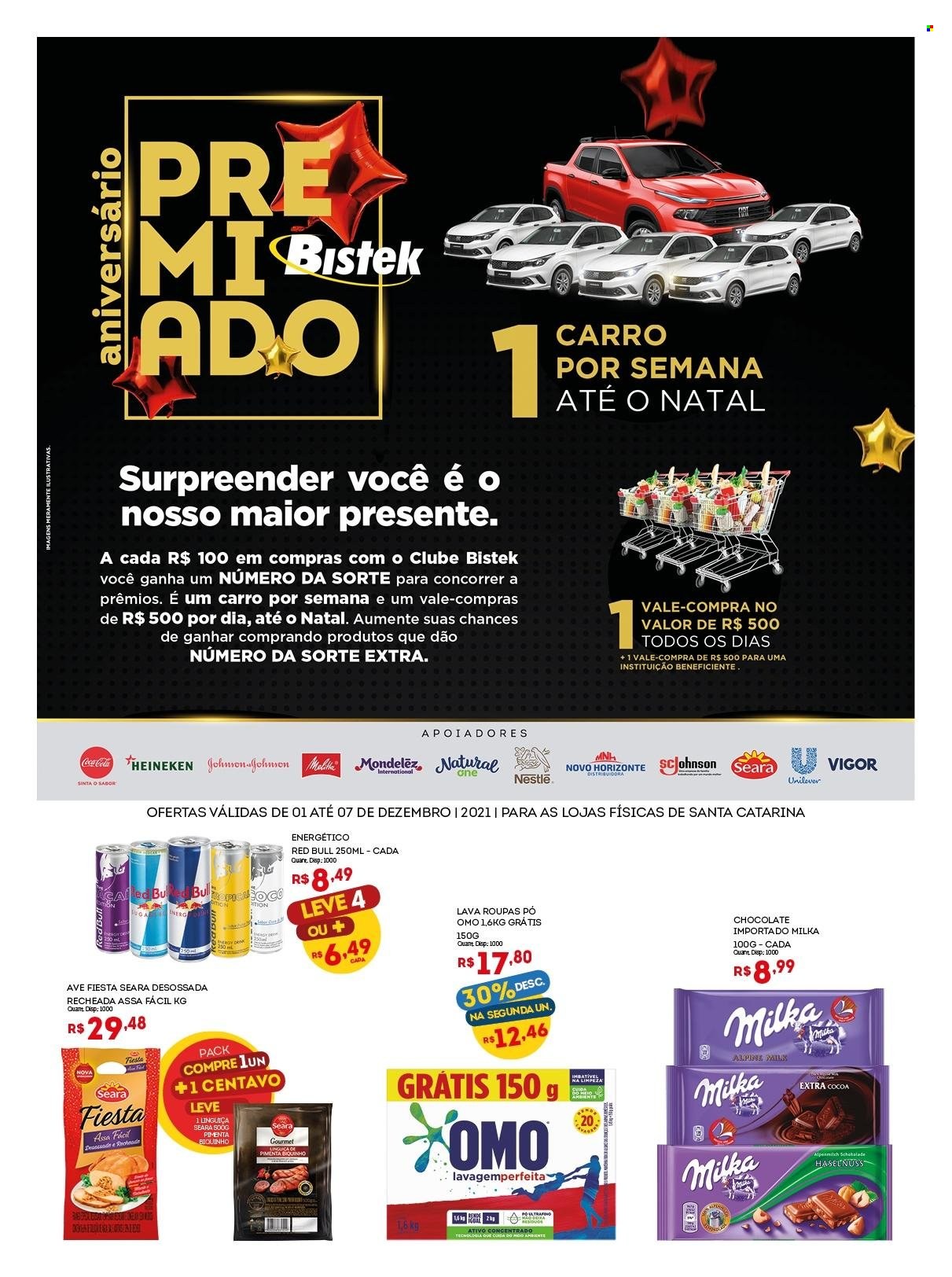 thumbnail - Folheto Bistek Supermercados - 01/12/2021 - 07/12/2021 - Produtos em promoção - Heineken, linguiça, Vigor, Milka, chocolate, Nestlé, Coca Cola, Red Bull, lava roupas, OMO. Página 1.