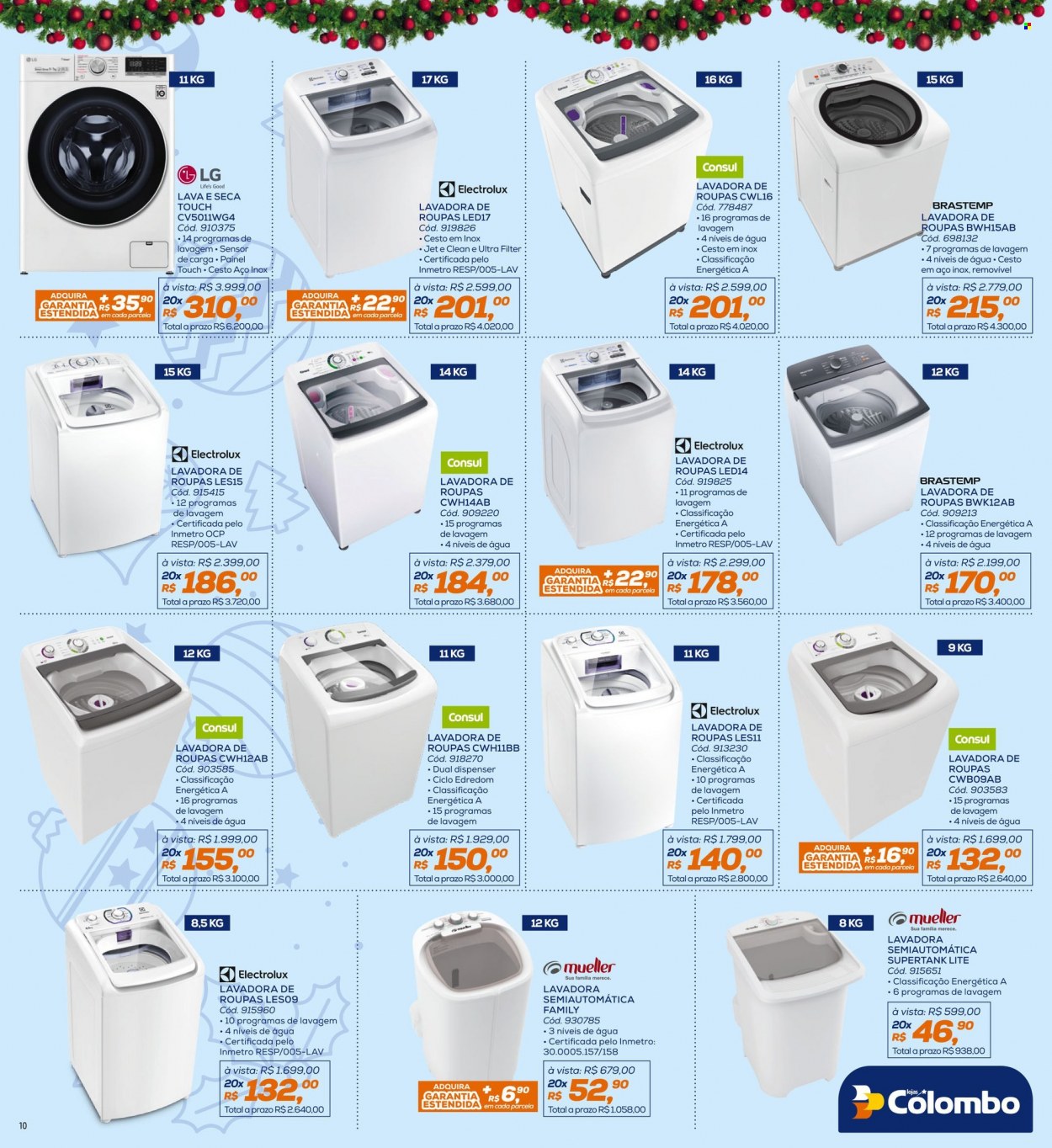 thumbnail - Folheto Lojas Colombo - 01/12/2021 - 31/12/2021 - Produtos em promoção - Brastemp, Electrolux, LG, máquina de lavar roupa, máquina de lavar e secar. Página 10.