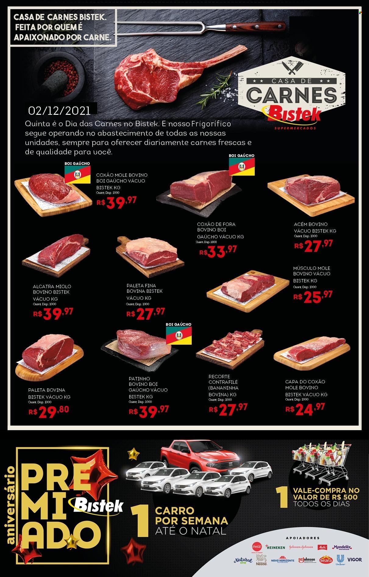 thumbnail - Folheto Bistek Supermercados - 02/12/2021 - 02/12/2021 - Produtos em promoção - Heineken, carne, contra filé, alcatra, coxão mole, carne bovina, Vigor, Nestlé. Página 1.
