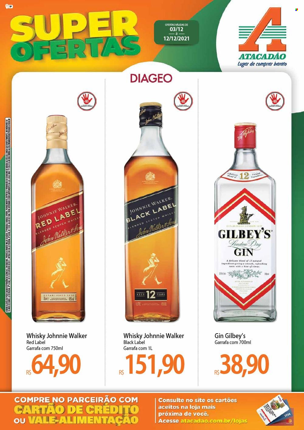 thumbnail - Folheto Atacadão - 03/12/2021 - 12/12/2021 - Produtos em promoção - gin, whiskey, Johnnie Walker, garrafa. Página 1.