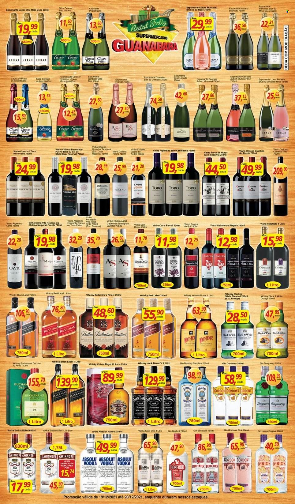 thumbnail - Folheto Supermercados Guanabara - 19/12/2021 - 20/12/2021 - Produtos em promoção - uva, pêssego, Aurora, vinho, espumante, moscatel, pérgola, vinho argentino, vinho chileno, Absolut Vodka, Beefeater, gin, Jack Daniel's, vodka, whiskey, sidra, Smirnoff, Gordon’s, Sapphire, Chivas Regal, Ballantine's, Tanqueray. Página 4.