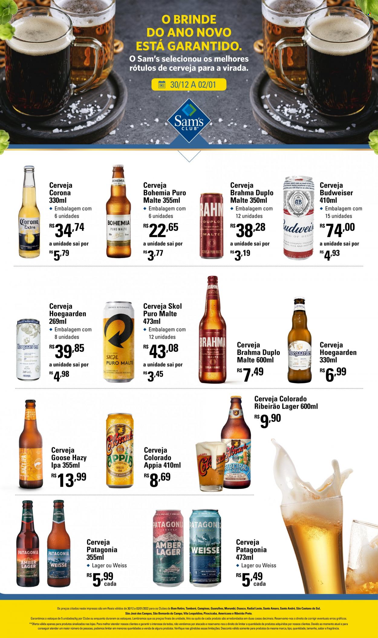 thumbnail - Folheto Sam's Club - 30/12/2021 - 02/01/2022 - Produtos em promoção - Corona, cerveja Colorado, Hoegaarden, Patagonia, Skol, Budweiser, Brahma, cerveja, Puro Malte. Página 1.