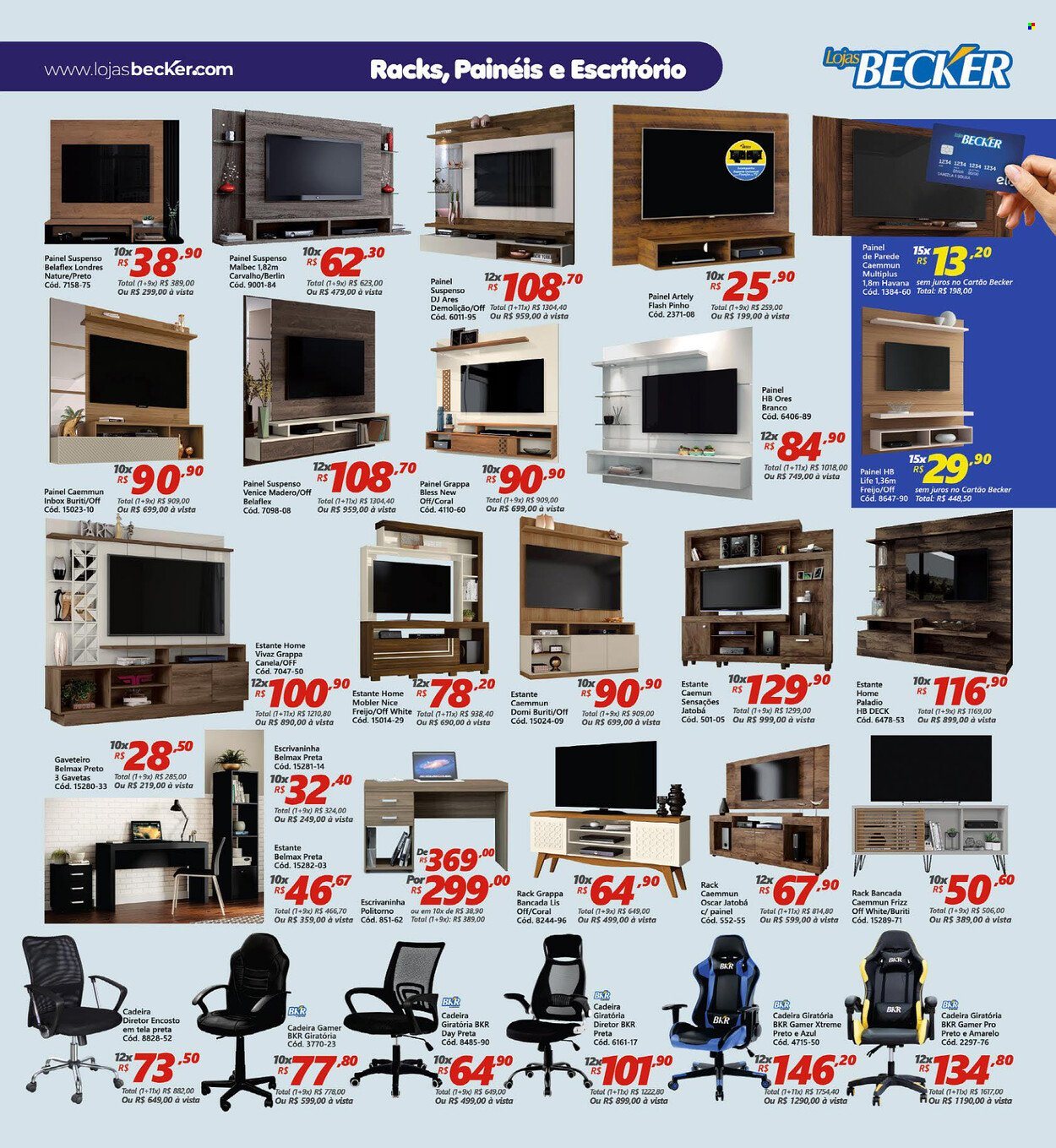 thumbnail - Folheto Lojas Becker - 01/01/2022 - 31/01/2022 - Produtos em promoção - cadeira gamer, estante, bancada, cadeira, rack, escrivaninha. Página 11.