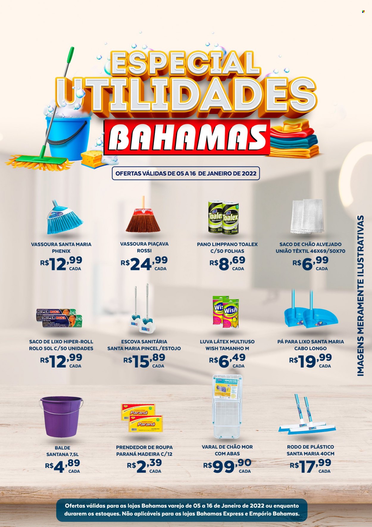 thumbnail - Folheto Bahamas Supermercados - 05/01/2022 - 16/01/2022 - Produtos em promoção - escova, pincel, estojo, saco para lixo, varal de chão, balde, vassoura, escova sanitária. Página 1.