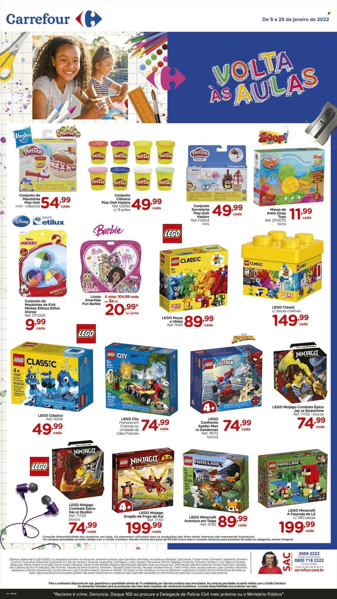 thumbnail - Folheto Carrefour Hiper - 05/01/2022 - 25/01/2022 - Produtos em promoção - pêssego, limão, torta, Penha, Spiderman, Disney, LEGO, Barbie, Hasbro, Play-Doh, LEGO City, LEGO Minecraft, LEGO Ninjago, lousa. Página 22.