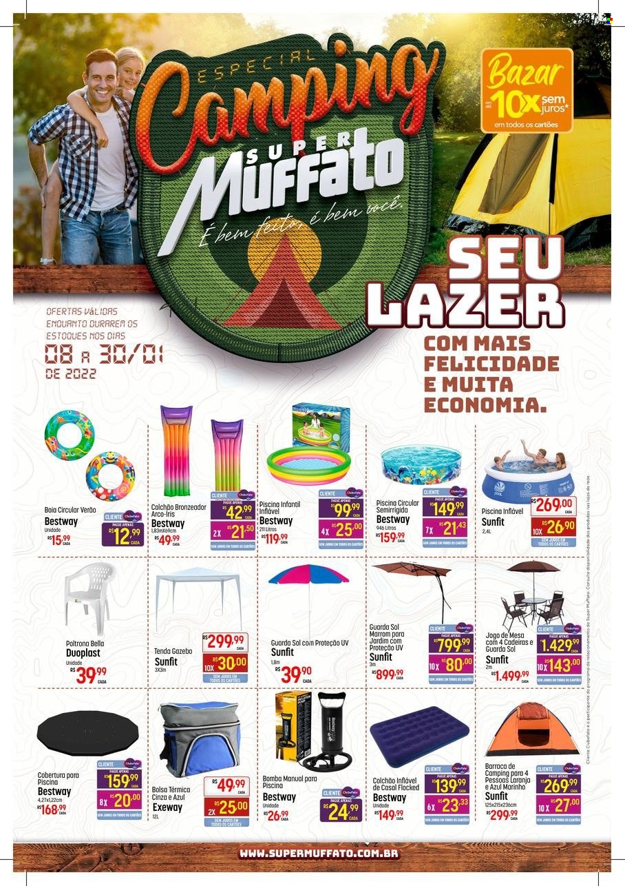 thumbnail - Folheto Super Muffato - 08/01/2022 - 30/01/2022 - Produtos em promoção - laranja, bolsa, bolsa térmica, poltrona, cadeira, Bestway, gazebo, guarda sol, piscina inflável. Página 1.