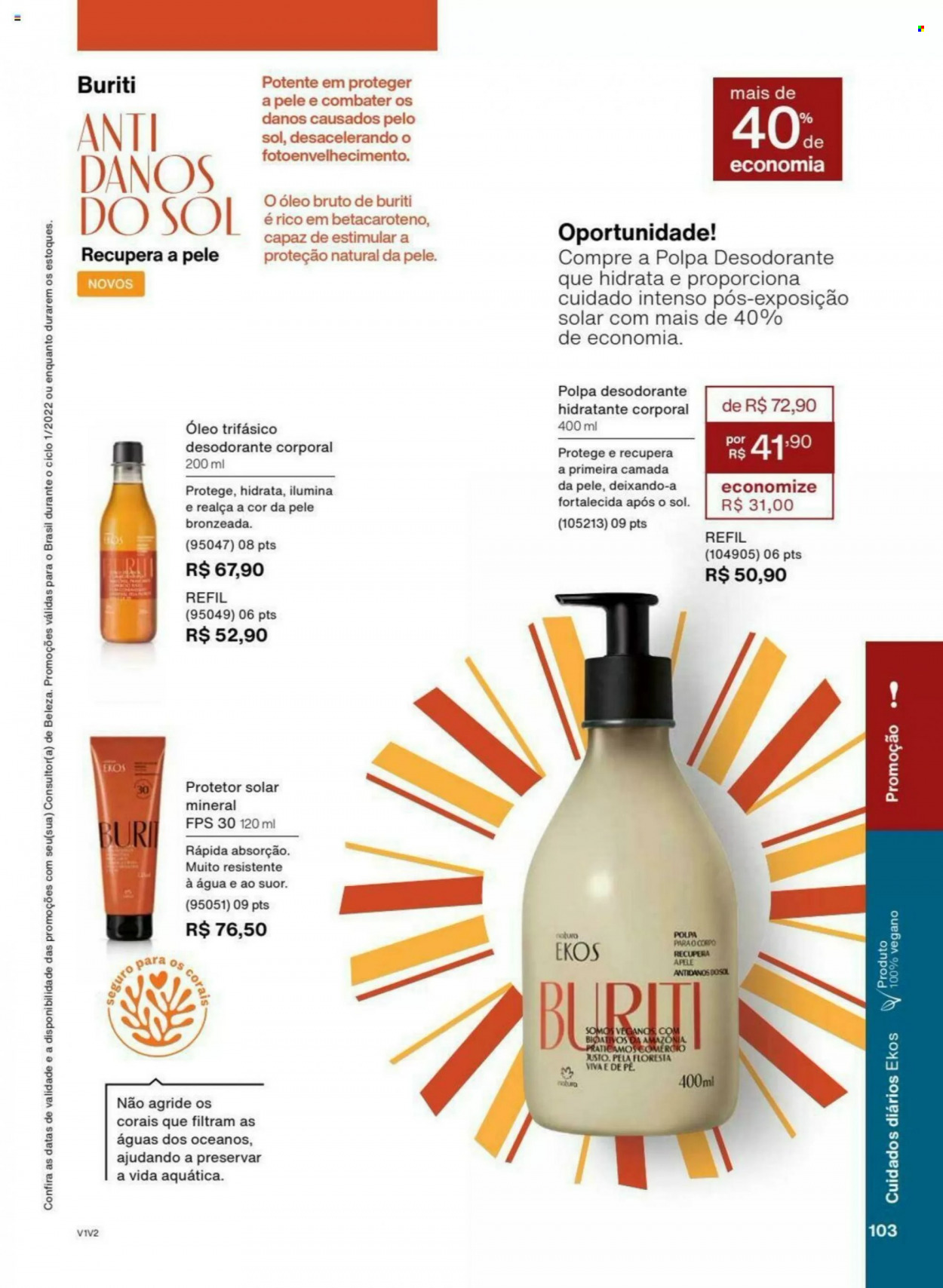 thumbnail - Folheto Natura - Produtos em promoção - leite hidratante, creme solar, desodorante, antitranspirante. Página 103.