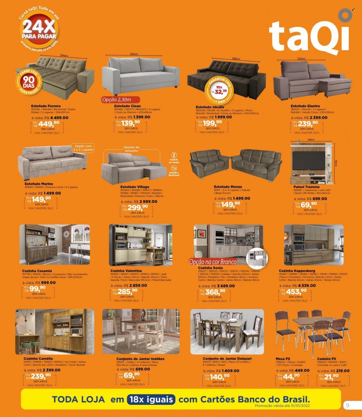 thumbnail - Folheto taQi - 12/01/2022 - 01/02/2022 - Produtos em promoção - bancada, forno, armário, paneleiro, mesa, cadeira. Página 9.