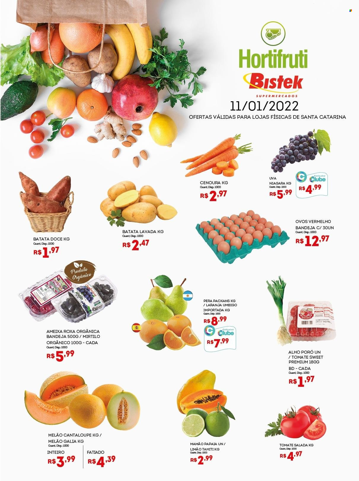 thumbnail - Folheto Bistek Supermercados - 11/01/2022 - 11/01/2022 - Produtos em promoção - laranja, papaia, melão, uva, ameixa, limão, mamão, batata-doce, alho-poró, cenoura, ovos, bandeja. Página 1.