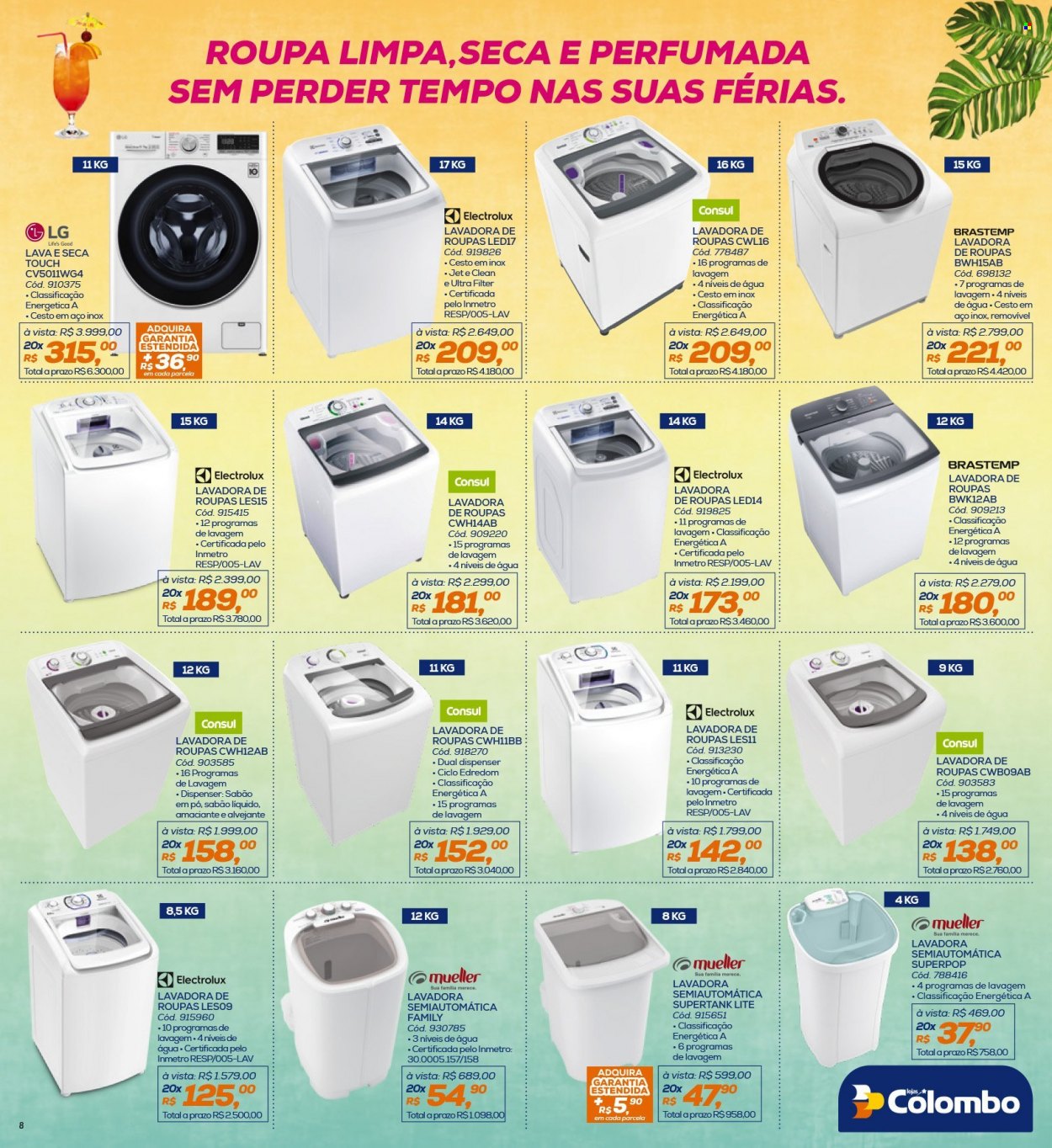thumbnail - Folheto Lojas Colombo - 01/01/2022 - 31/01/2022 - Produtos em promoção - Brastemp, Electrolux, LG, máquina de lavar roupa, máquina de lavar e secar. Página 8.