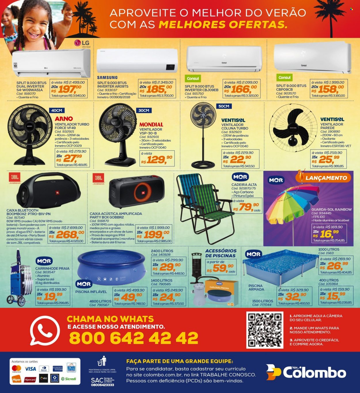 thumbnail - Folheto Lojas Colombo - 01/01/2022 - 31/01/2022 - Produtos em promoção - Samsung, LG, caixa de som, microfone, ventilador, ventilador de coluna, cadeira, guarda sol, piscina inflável. Página 16.
