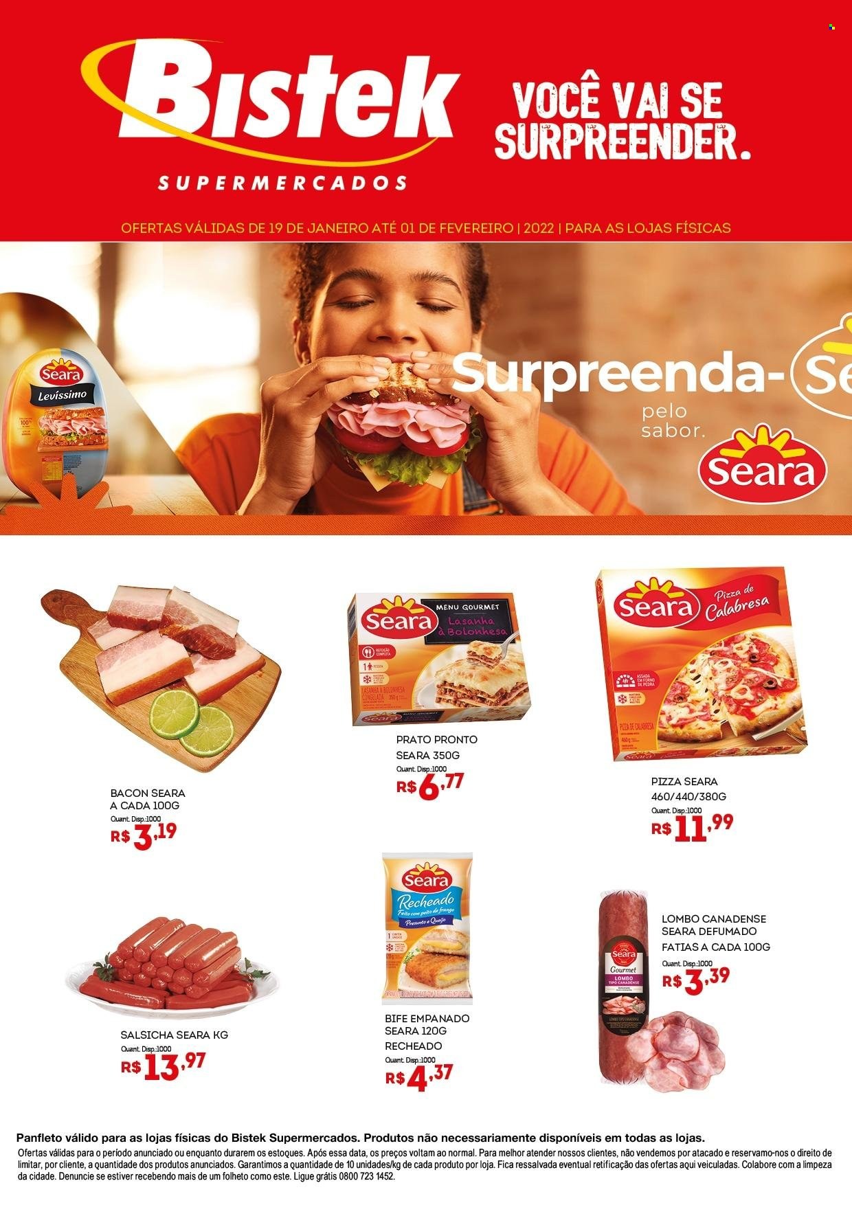 thumbnail - Folheto Bistek Supermercados - 19/01/2022 - 01/02/2022 - Produtos em promoção - bife, lombo, pizza, lasanha, prato pronto, salsicha, prato. Página 1.