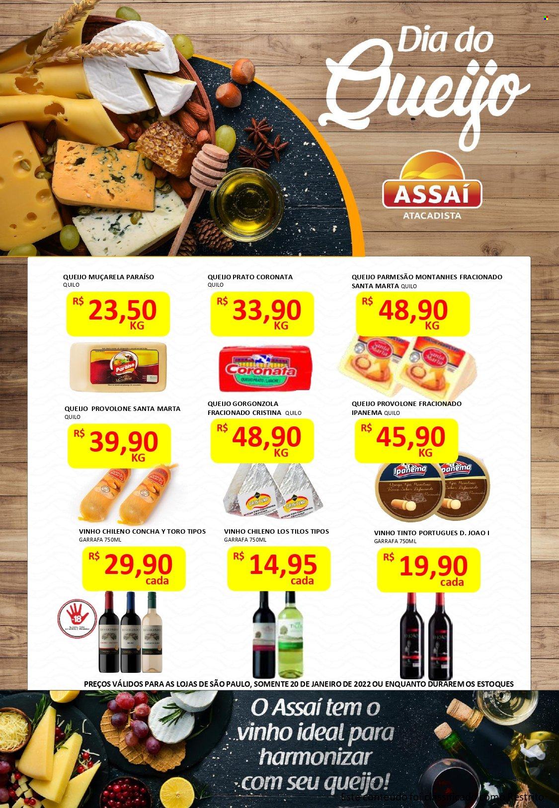 thumbnail - Folheto Assaí Atacadista - 20/01/2022 - 20/01/2022 - Produtos em promoção - provolone, queijo prato, mozzarella, vinho, vinho chileno, garrafa. Página 1.