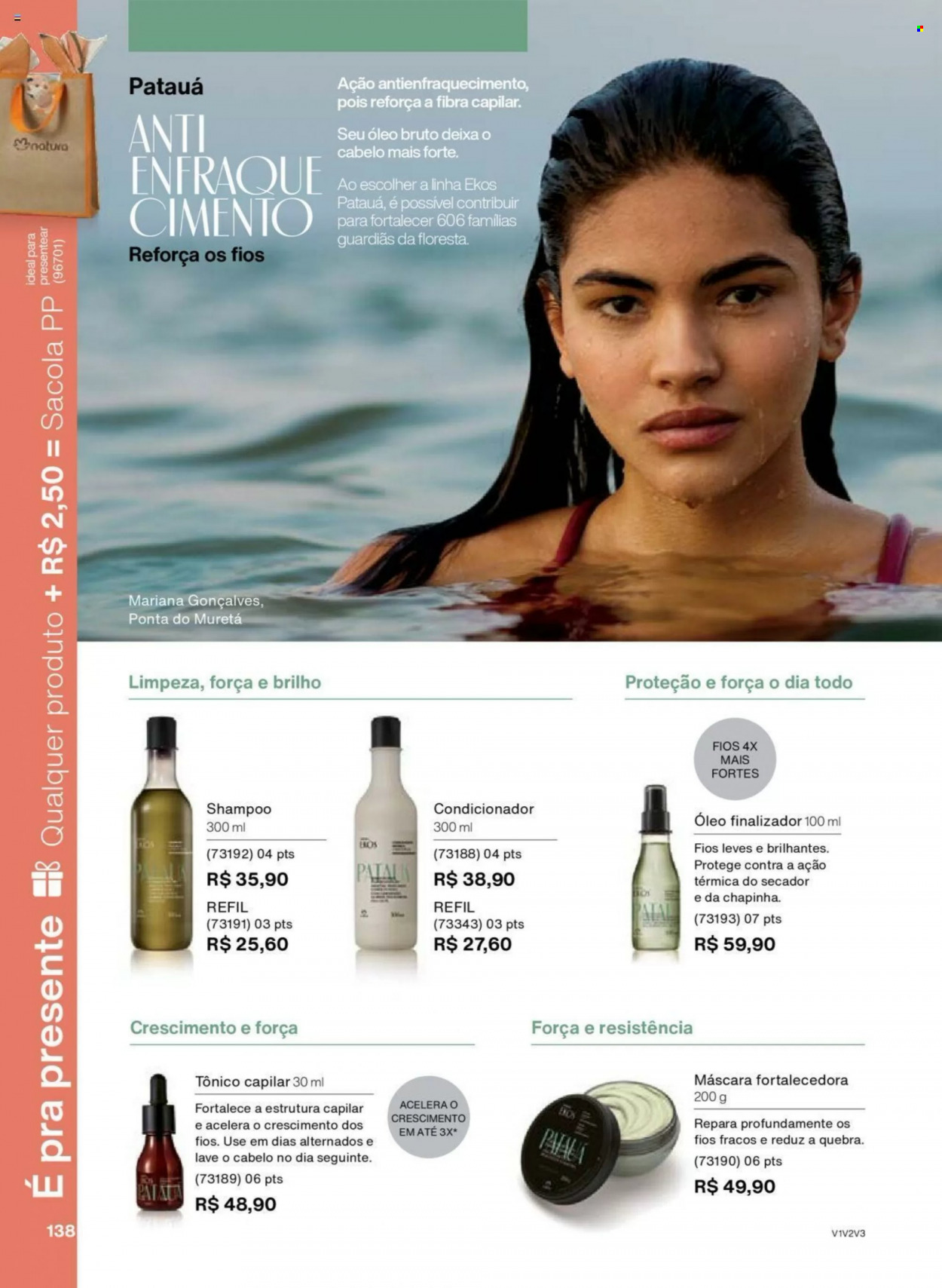 thumbnail - Folheto Natura - Produtos em promoção - condicionador, shampoo, máscara, tônico capilar. Página 138.