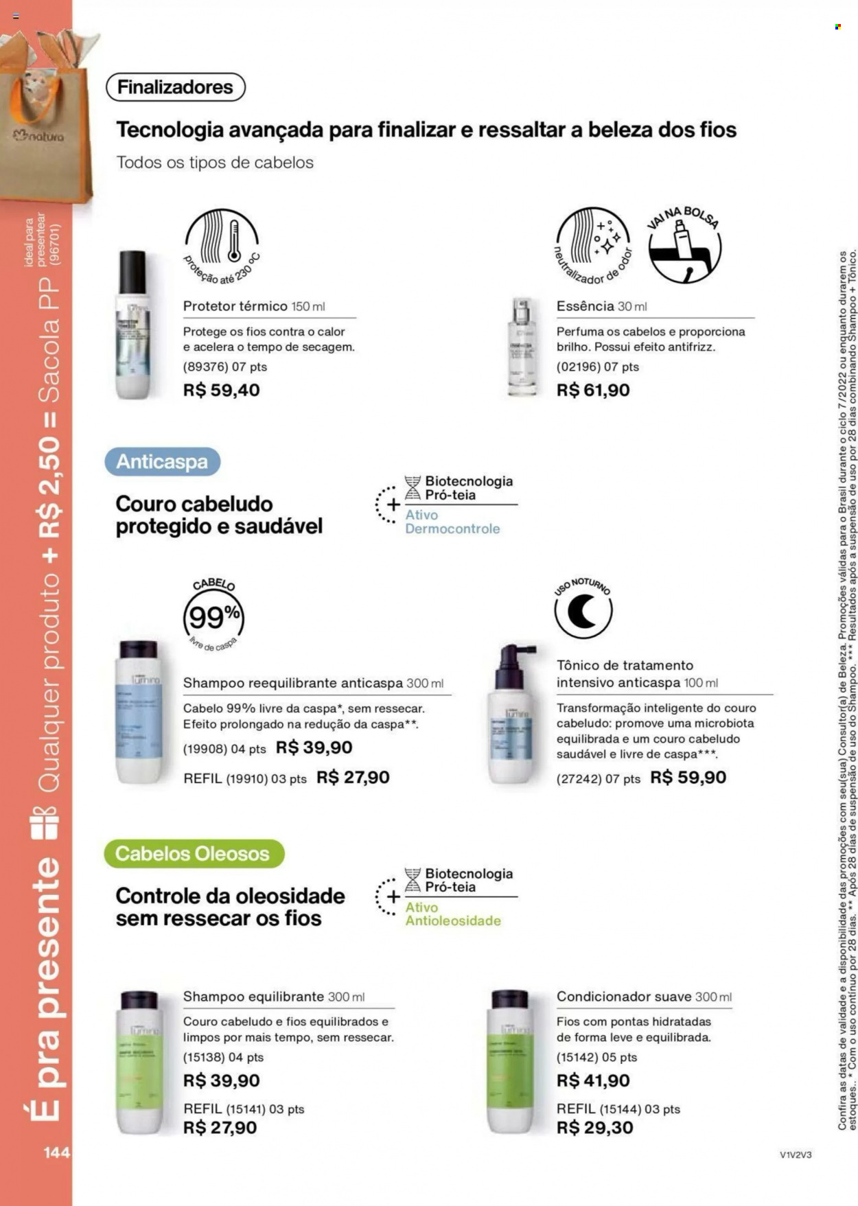 thumbnail - Folheto Natura - Produtos em promoção - condicionador, shampoo, bolsa. Página 144.
