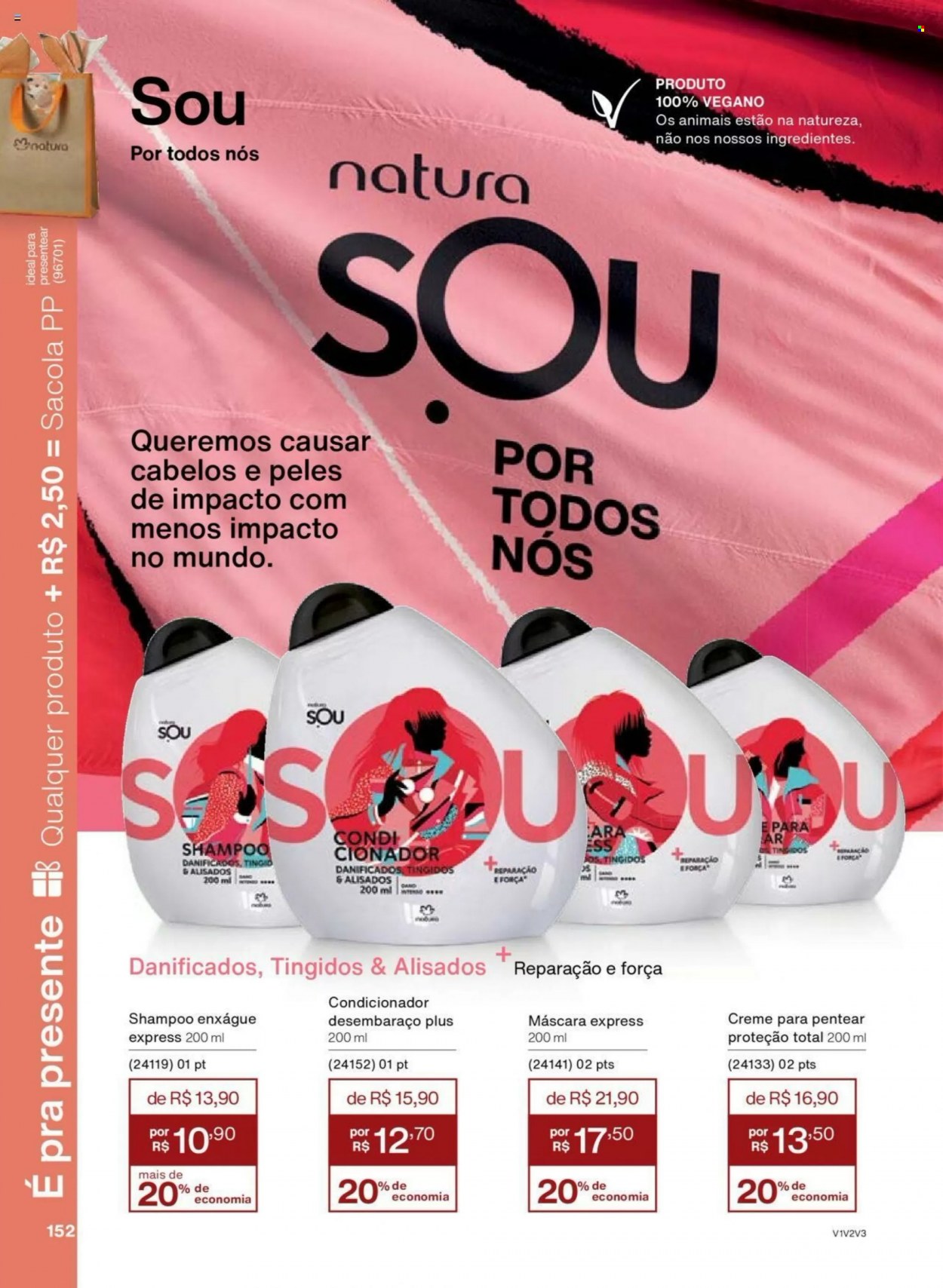 thumbnail - Folheto Natura - Produtos em promoção - condicionador, shampoo, máscara, creme de pentear. Página 152.