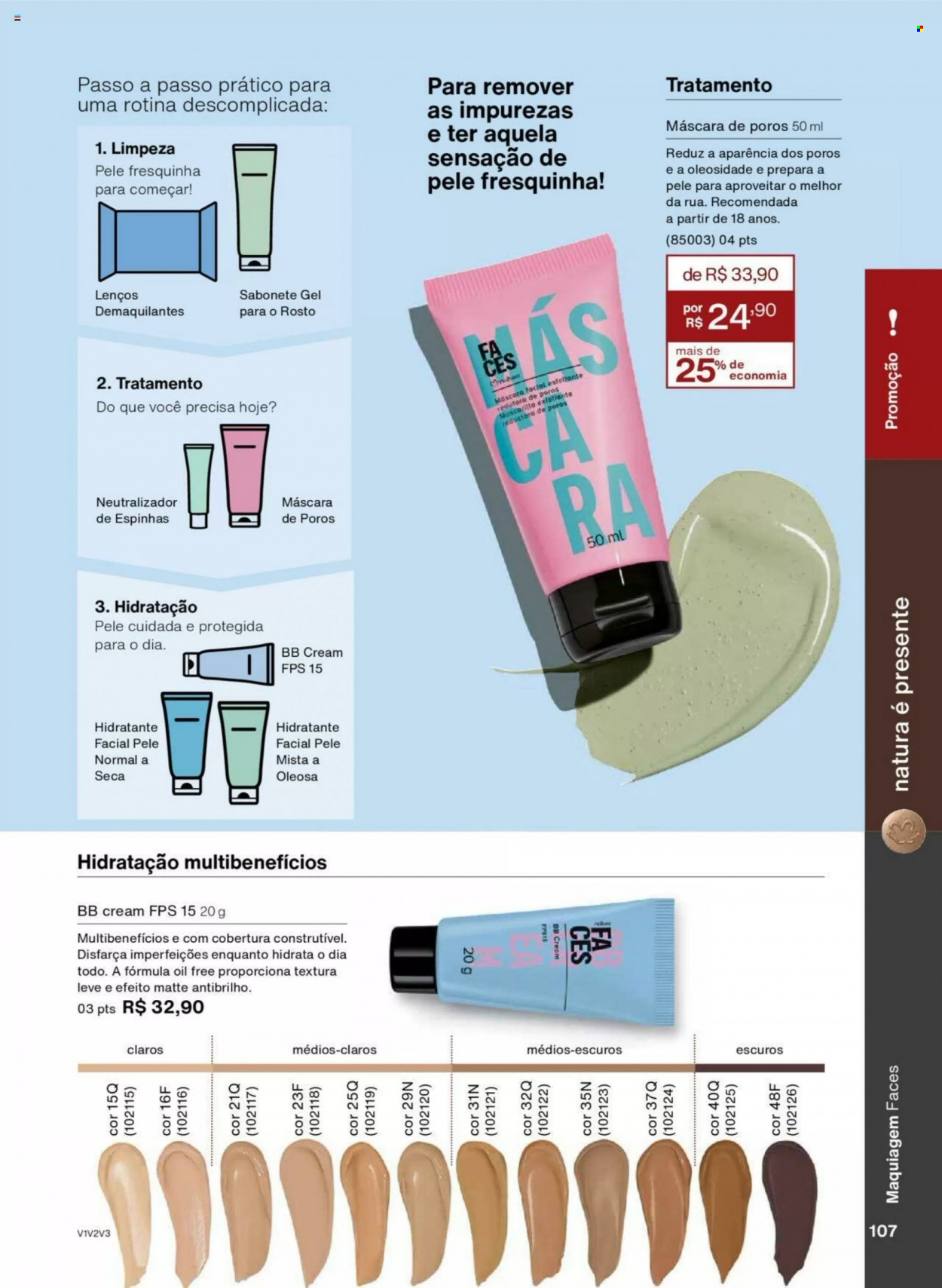 thumbnail - Folheto Natura - Produtos em promoção - sabonete, lenço, máscara, BB cream, maquiagem. Página 107.