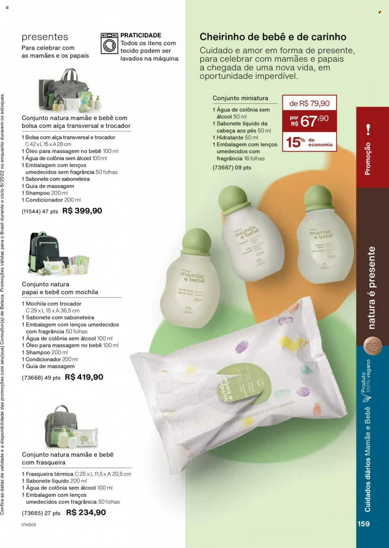 thumbnail - Folheto Natura - Produtos em promoção - sabonete, lenço umedecido, lenço, condicionador, shampoo, sabonete liquido, água de colonia, mochila. Página 159.