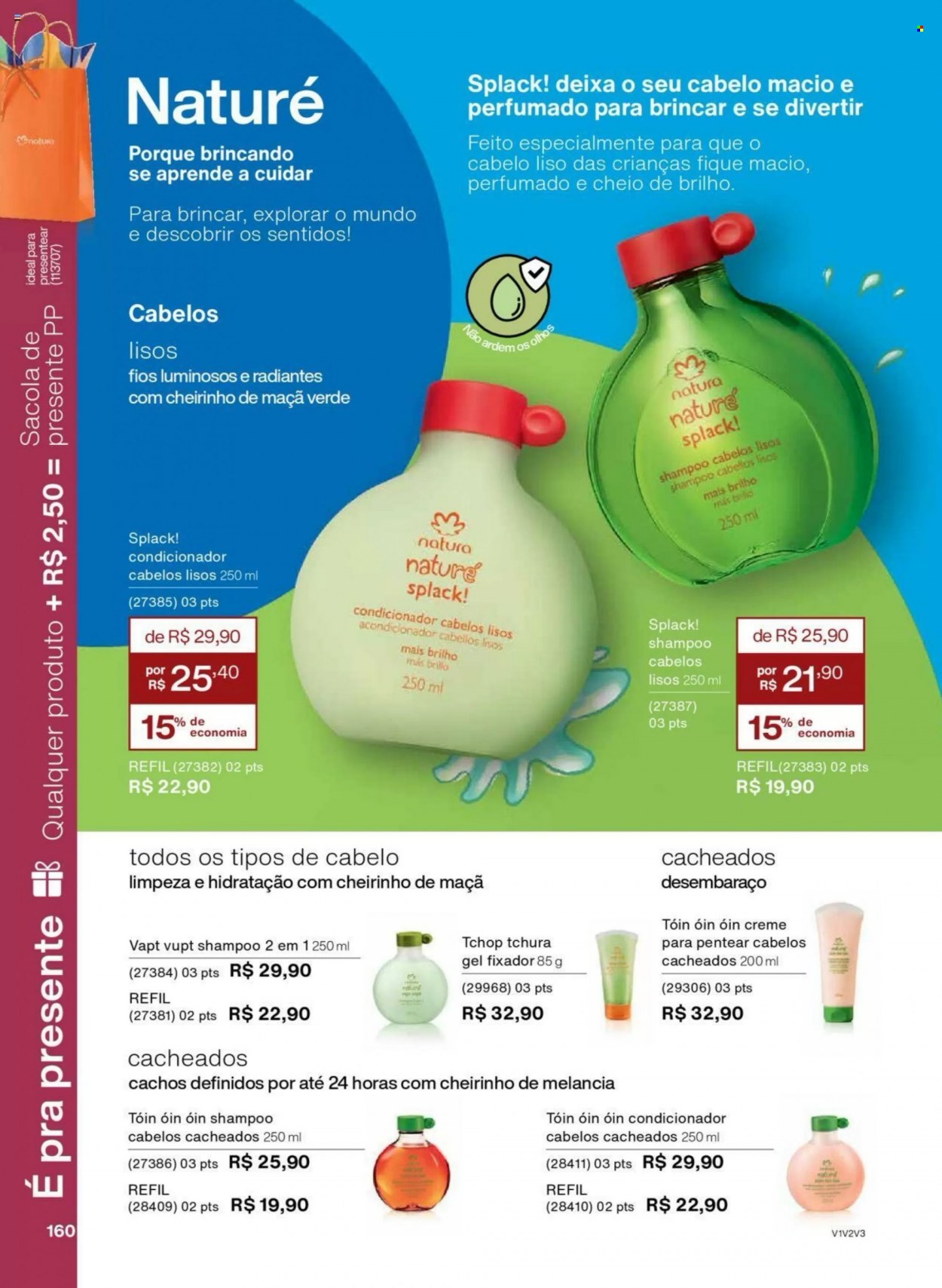 thumbnail - Folheto Natura - Produtos em promoção - condicionador, shampoo, creme de pentear. Página 160.