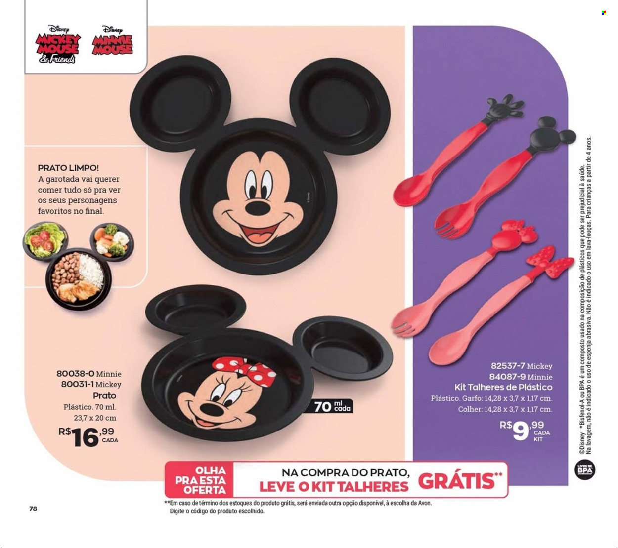 thumbnail - Folheto Avon - Produtos em promoção - Disney, Avon, Minnie, esponja, colher, garfo, talheres, prato, talheres de plástico. Página 78.