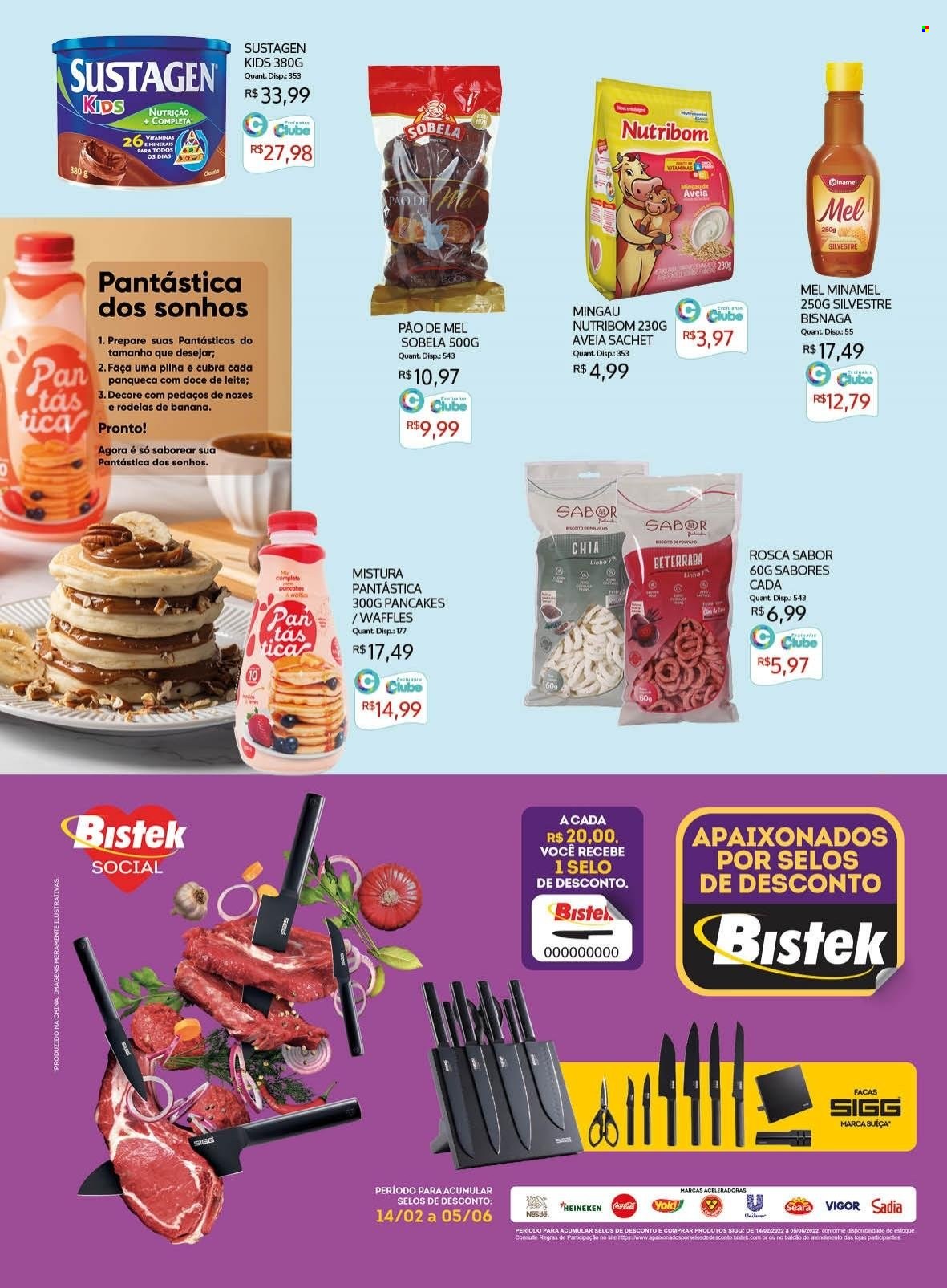 thumbnail - Folheto Bistek Supermercados - 27/04/2022 - 31/05/2022 - Produtos em promoção - beterraba, pão, mingau, panquecas, Vigor, Nestlé, doce de leite, Sustagen. Página 2.