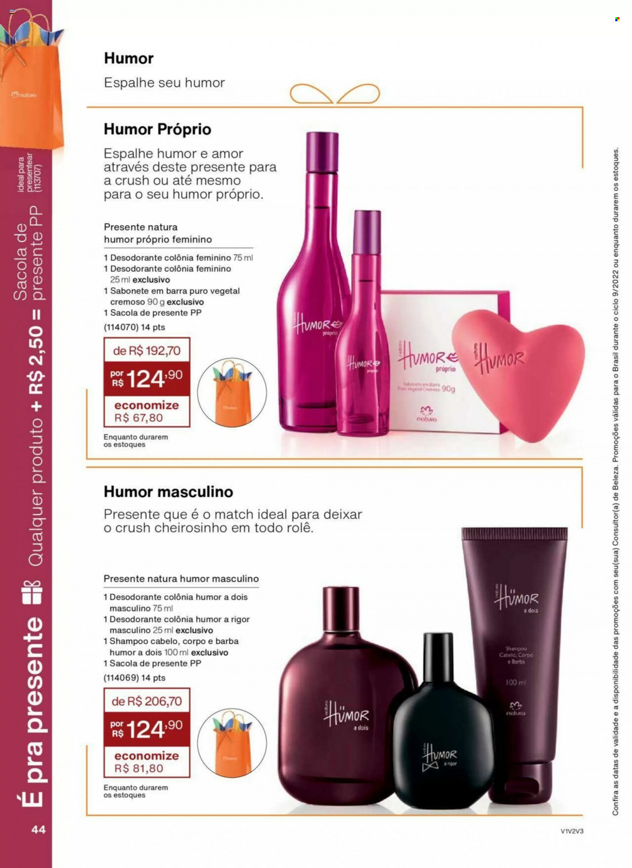 thumbnail - Folheto Natura - Produtos em promoção - sabonete, shampoo, sabonete em barra, desodorante, antitranspirante. Página 44.