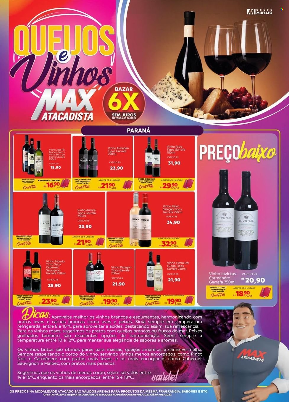 thumbnail - Folheto Max Atacadista - 06/05/2022 - 04/06/2022 - Produtos em promoção - Aurora, frutos do mar, vinho tinto, Pinot Noir, malbec, cabernet, cabernet sauvignon. Página 1.