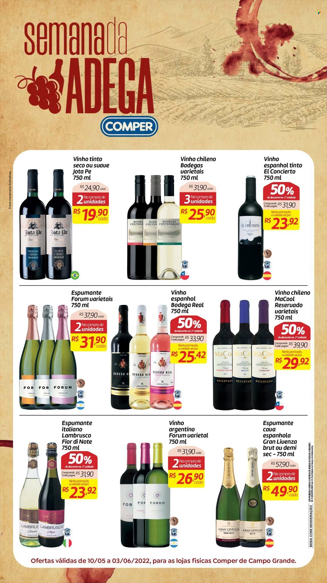 thumbnail - Folheto Comper - 10/05/2022 - 03/06/2022 - Produtos em promoção - paté, vinho, espumante, vinho argentino, vinho chileno, vinho tinto, merlot, lambrusco. Página 1.