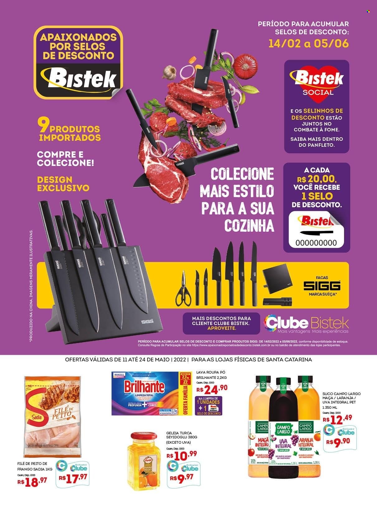 thumbnail - Folheto Bistek Supermercados - 11/05/2022 - 24/05/2022 - Produtos em promoção - frango, filé de frango, geleia, suco, faca. Página 1.