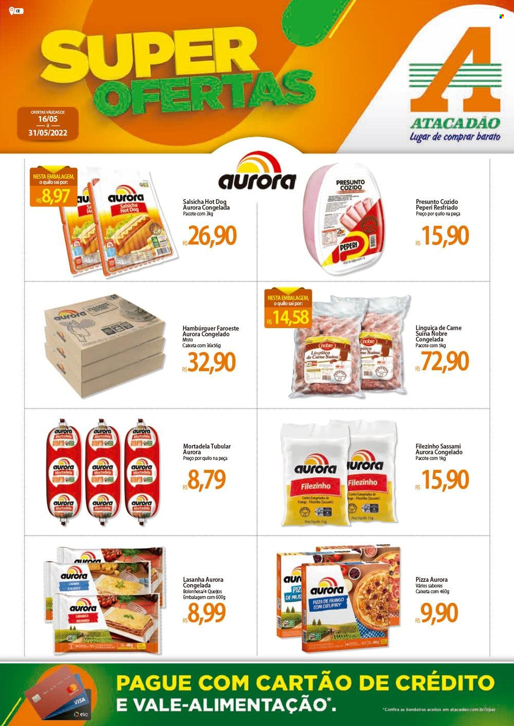 thumbnail - Folheto Atacadão - 16/05/2022 - 31/05/2022 - Produtos em promoção - carne suína, hamburger, Aurora, pizza, lasanha, hot dog, mortadela, linguiça, salsicha. Página 1.