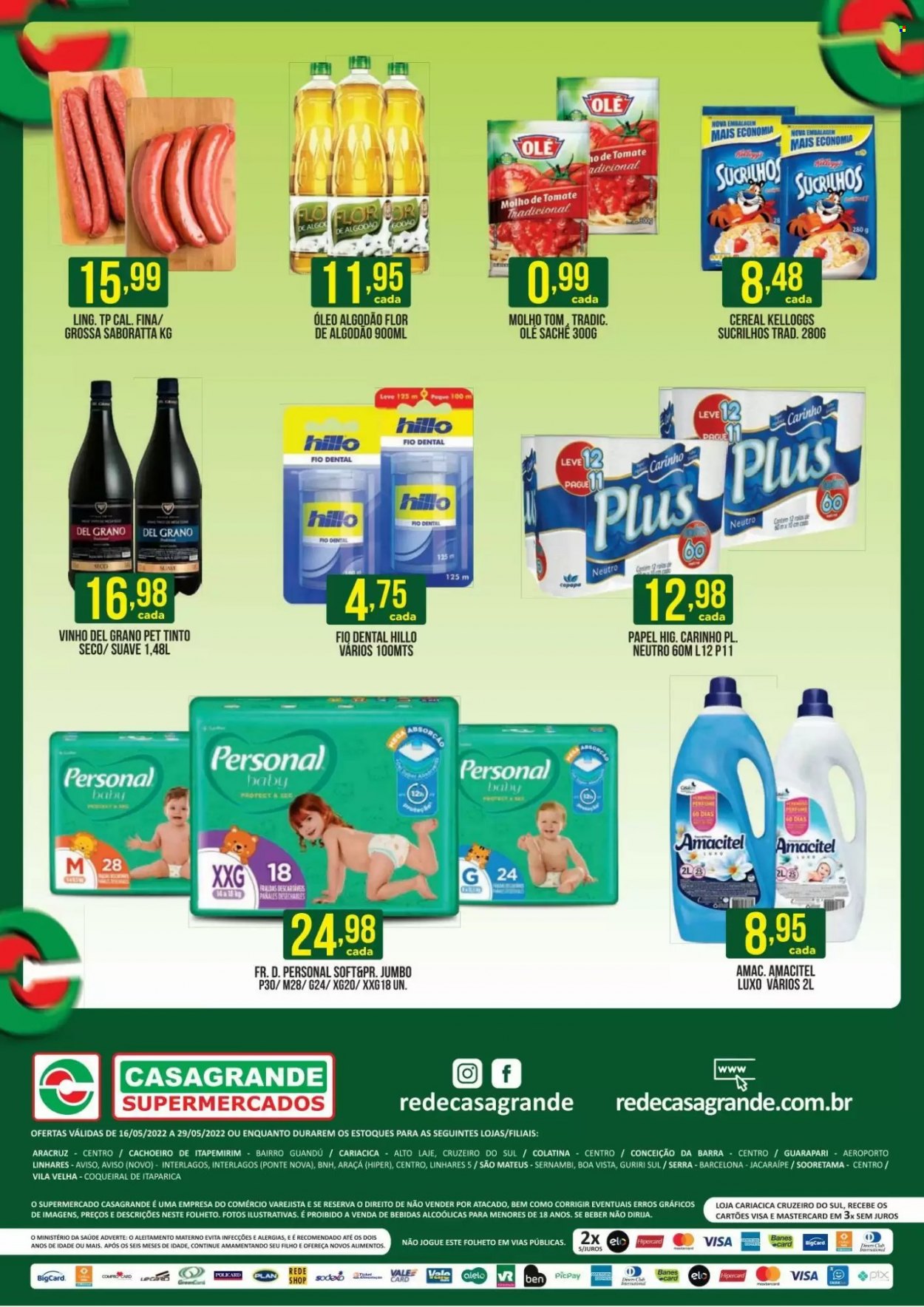 thumbnail - Folheto Casagrande Supermercados - 16/05/2022 - 29/05/2022 - Produtos em promoção - molho, sucrilhos, cereais, molho de tomate, vinho, fio dental. Página 2.