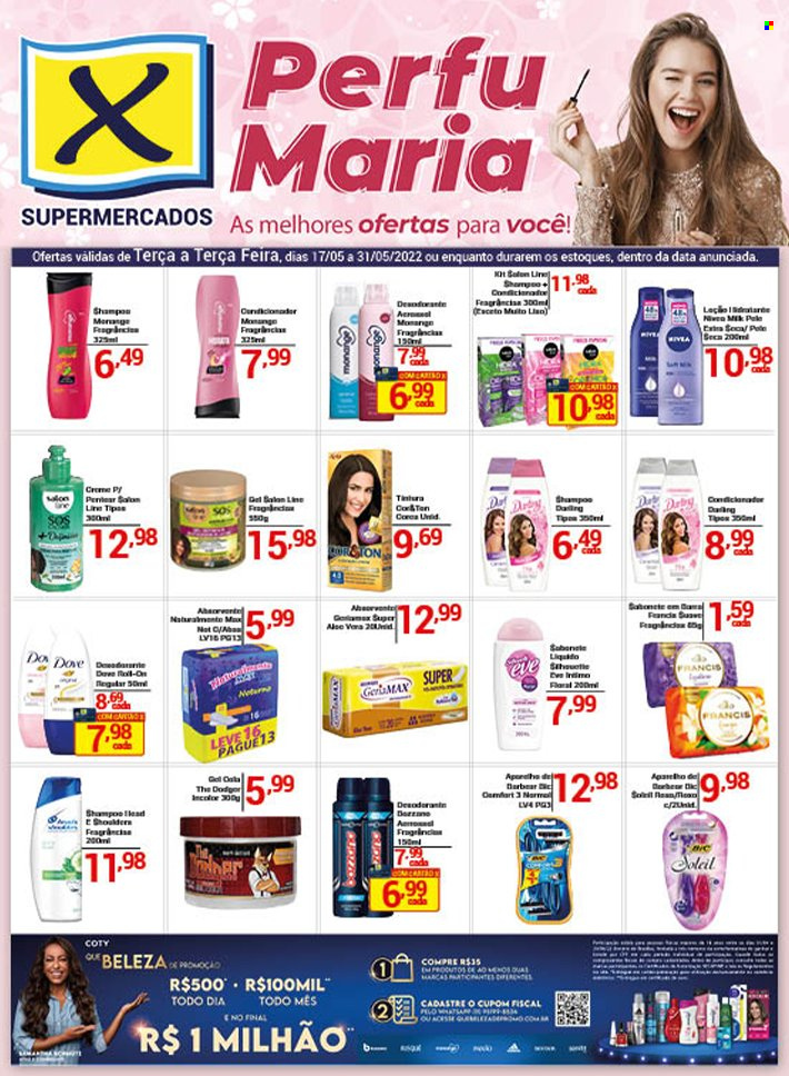 thumbnail - Folheto X Supermercados - 17/05/2022 - 31/05/2022 - Produtos em promoção - Dove, tintura, Monange. Página 1.