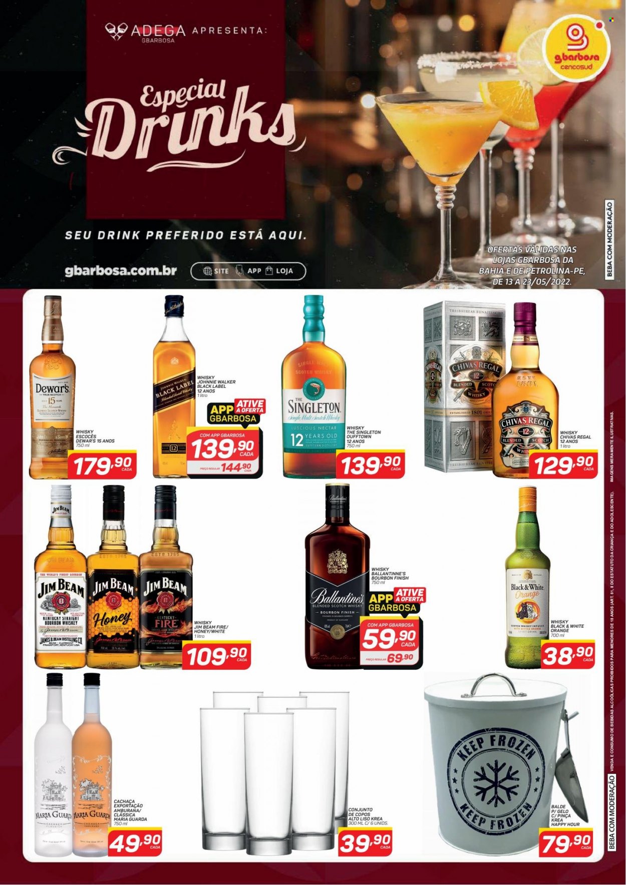 thumbnail - Folheto Gbarbosa - 13/05/2022 - 23/05/2022 - Produtos em promoção - nectar, Jim Beam, whiskey, scotch whisky, bourbon, Cachaça, Chivas Regal, Ballantine's, Frozen, Finish, balde, conjunto de copos. Página 1.