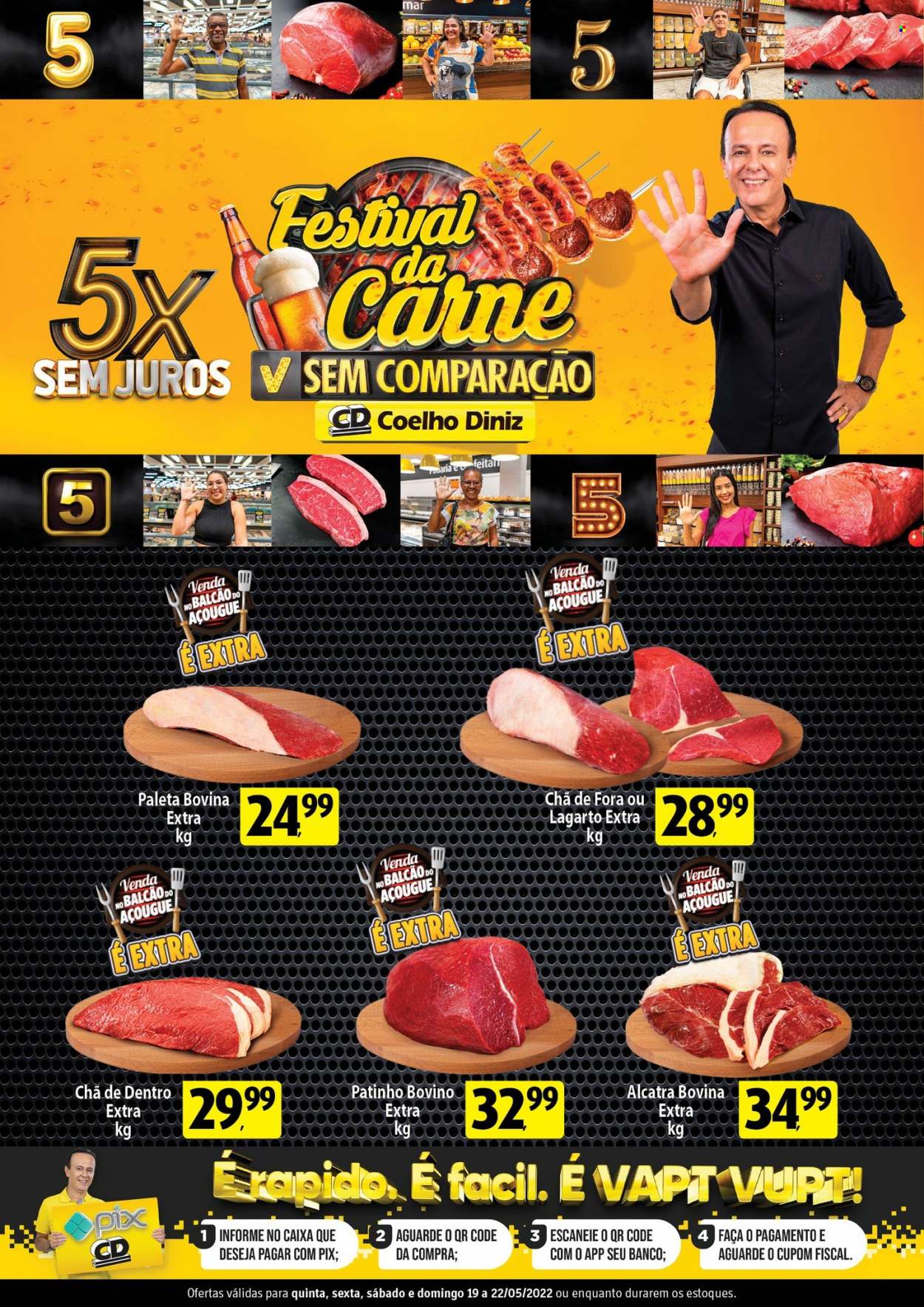 thumbnail - Folheto Coelho Diniz - 19/05/2022 - 22/05/2022 - Produtos em promoção - lagarto, alcatra, patinho bovino, carne bovina, chá, faca. Página 1.