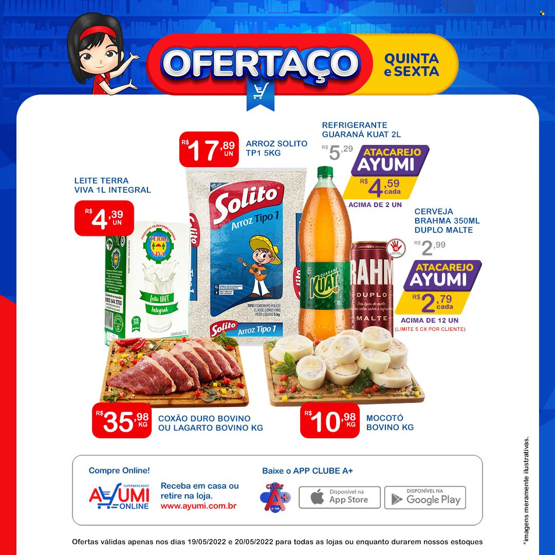 thumbnail - Folheto Ayumi Supermercados - 19/05/2022 - 20/05/2022 - Produtos em promoção - Brahma, cerveja, lombo de bovino, coxão duro, leite, arroz, refrigerante, Guaraná. Página 1.
