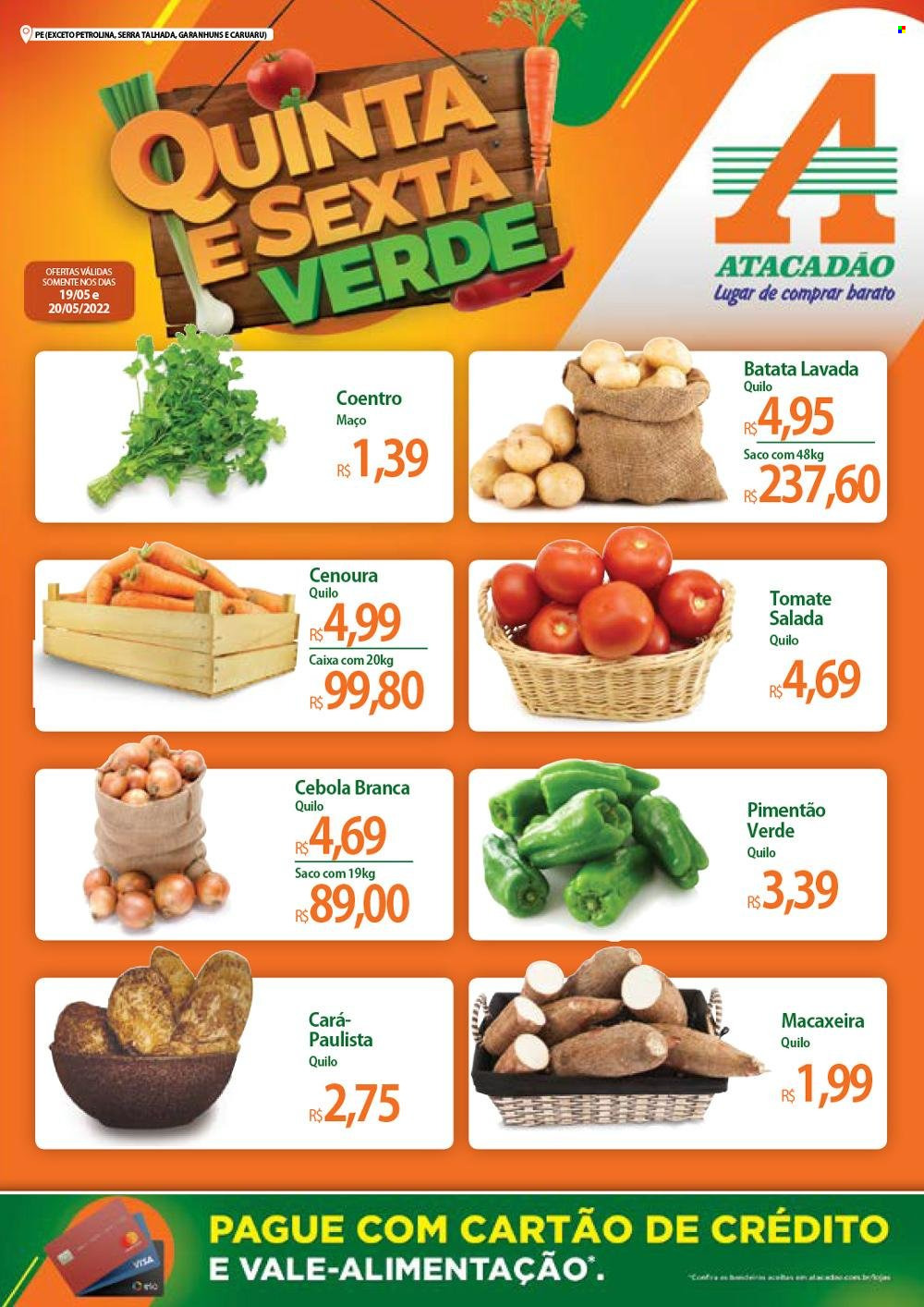 thumbnail - Folheto Atacadão - 19/05/2022 - 20/05/2022 - Produtos em promoção - batata, cebola, cenoura, pimentão verde, pimentão. Página 1.