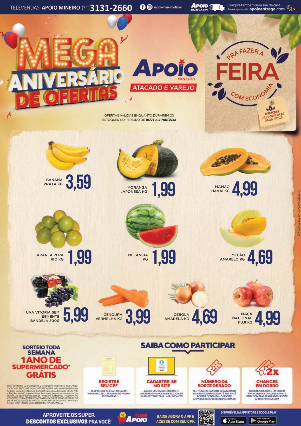 thumbnail - Folheto Apoio Mineiro - 19/05/2022 - 21/05/2022 - Produtos em promoção - banana, maçã, pera, laranja, papaia, melão, uva, melancia, mamão, cebola, cenoura, bandeja. Página 1.