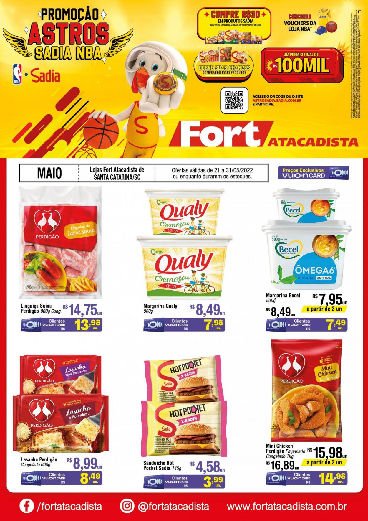 thumbnail - Folheto Fort Atacadista - 21/05/2022 - 31/05/2022 - Produtos em promoção - carne suína, sanduiche, Perdigão, pizza, lasanha, linguiça, salsicha, margarina, Becel, Qualy, LEGO. Página 1.